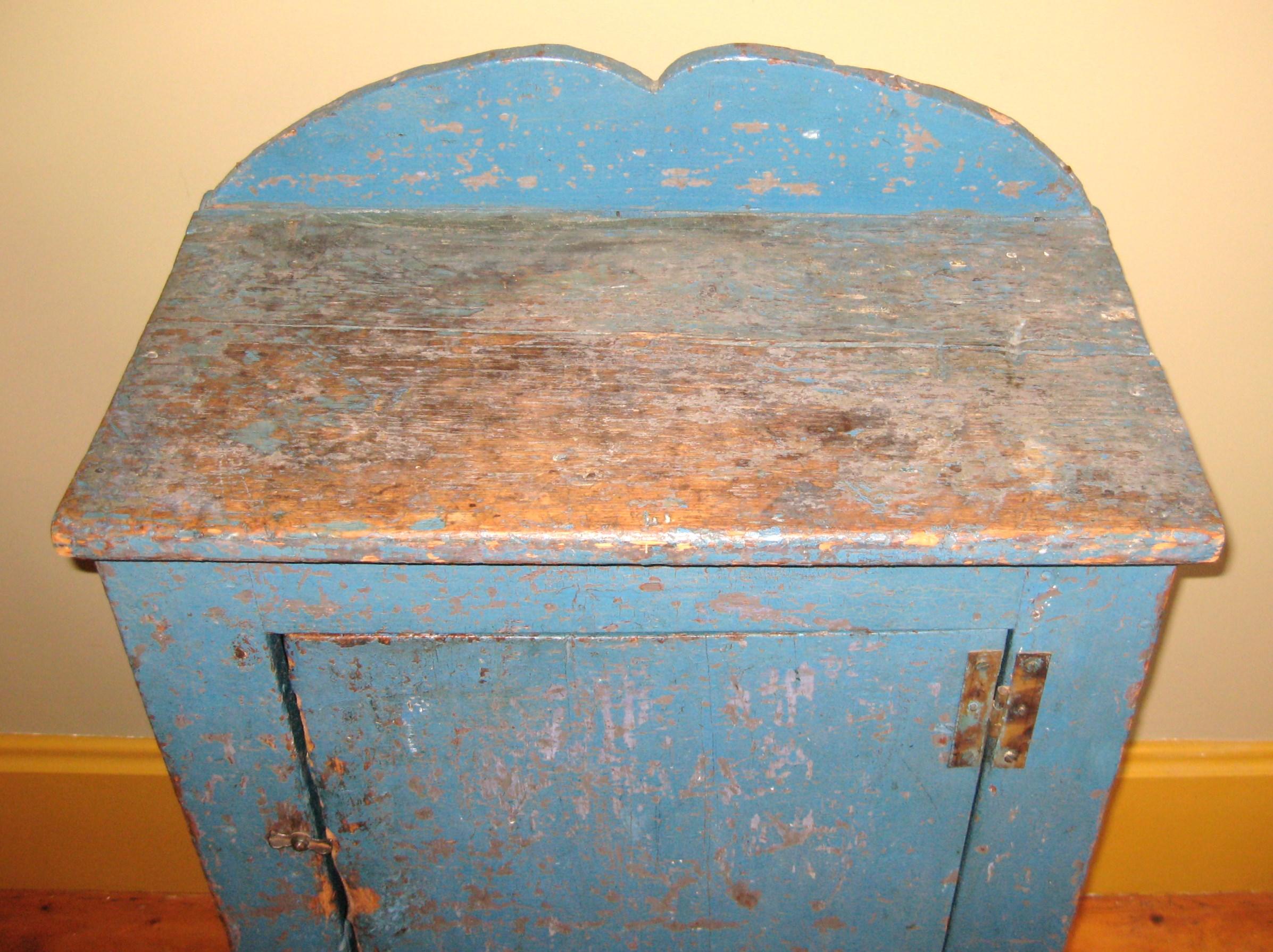 Early one on this blue 1 door cupboard, 2 shelf storage. This was in a bathroom, but can be used anywhere in your home. Stunning patina on this one! It can out of Way Up State NY Wonderful coloring on this! You don't find these anymore! True antique