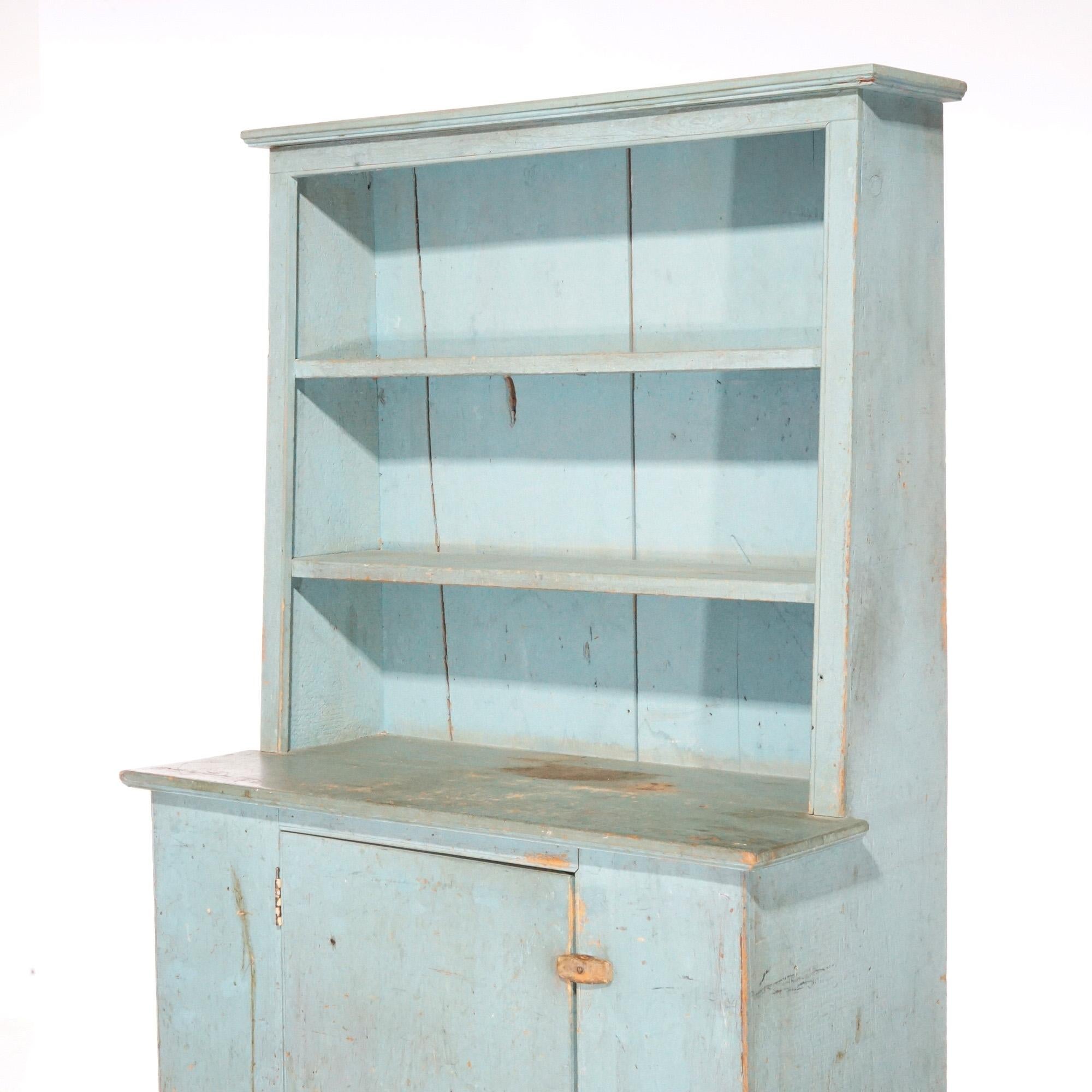 Primitive Blue Painted Soft-Wood Step Back Cupboard 20th Century 1