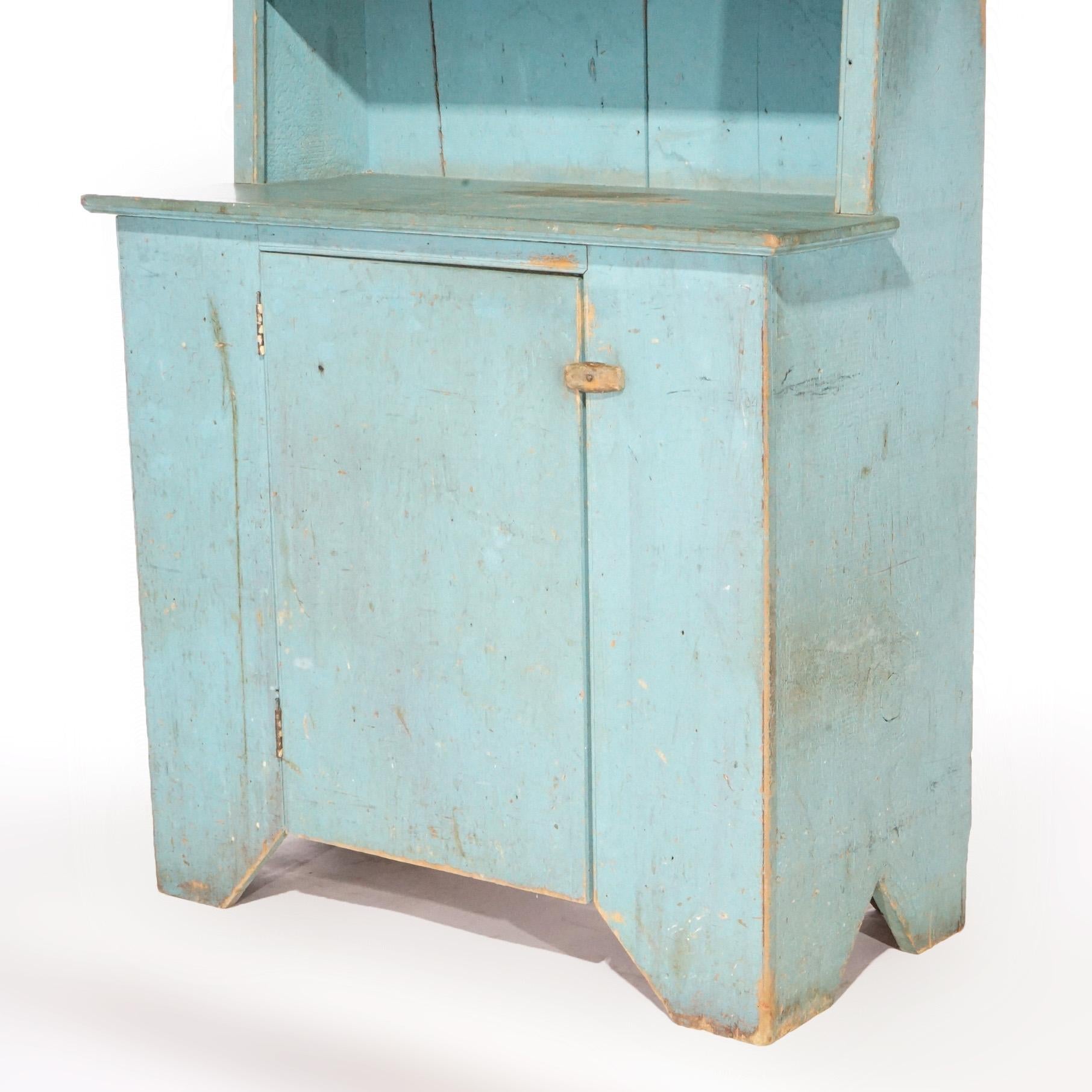 Primitive Blue Painted Soft-Wood Step Back Cupboard 20th Century 2