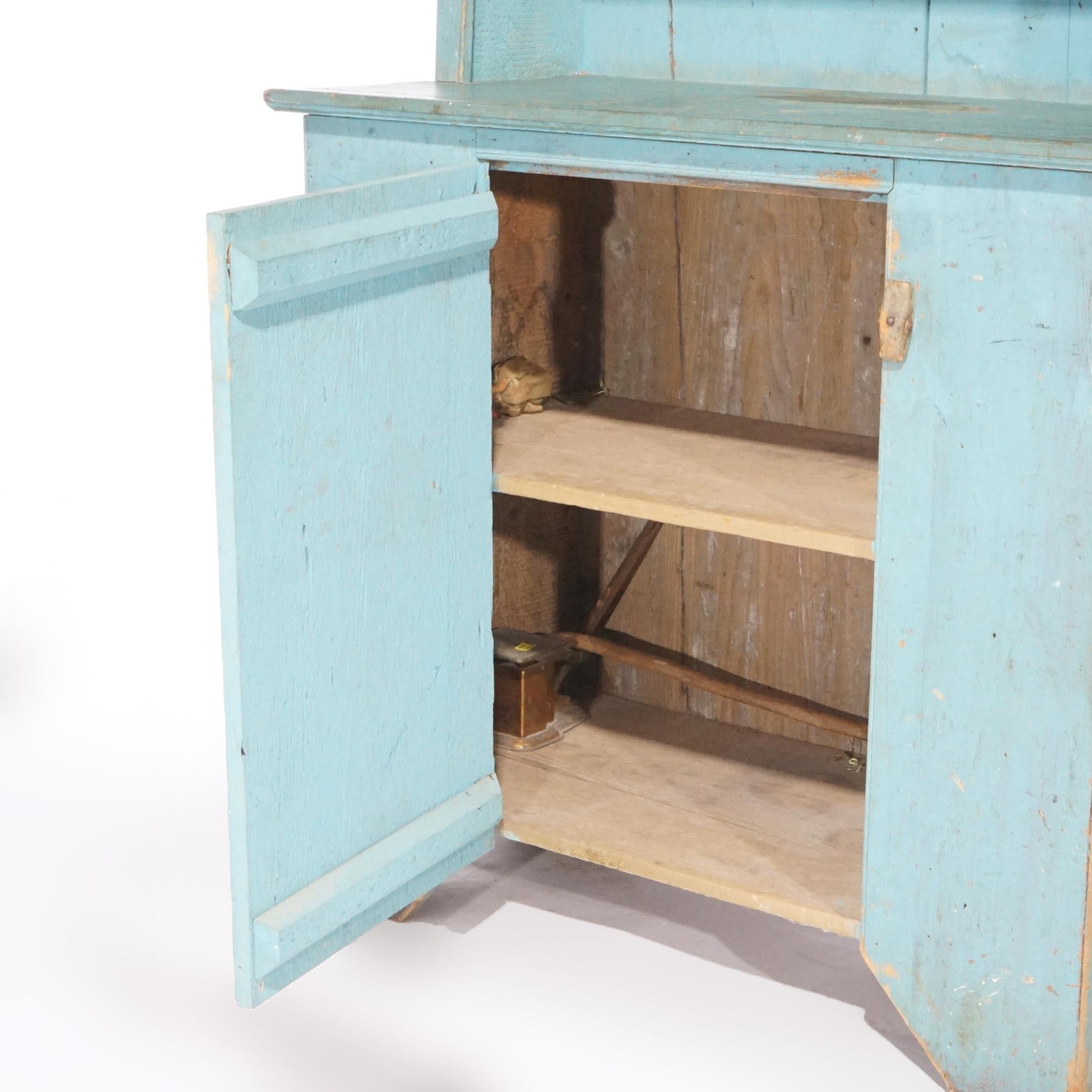 Primitive Blue Painted Soft-Wood Step Back Cupboard 20th Century 3