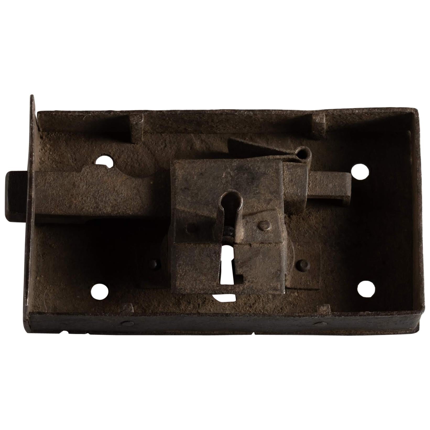 Primitive Box Shaped Handwrought Iron Lock with Its Key and Keyhole, Italy For Sale