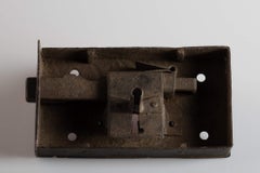 Primitive Box Shaped Handwrought Iron Lock with Its Key and Keyhole, Italy