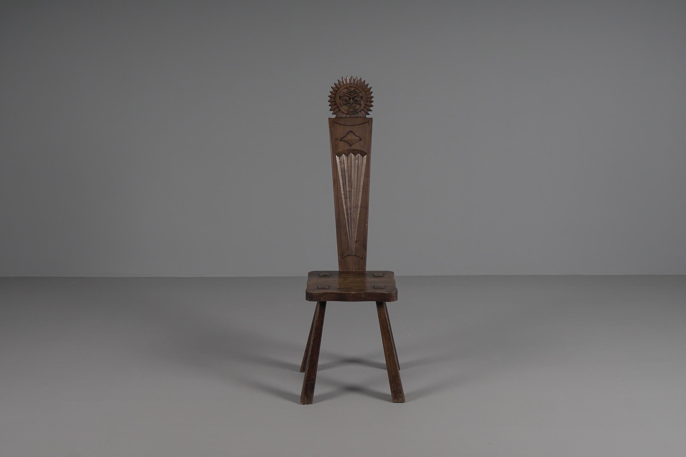 Wood Primitive Brutalist Modern Sun Sculptured Chair, 1950s, France