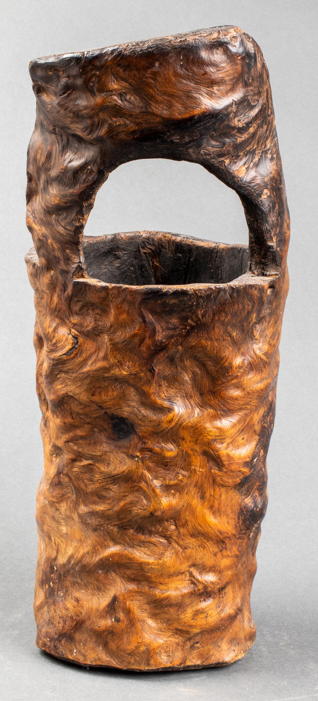 20th Century Primitive Carved Burlwood Bucket Vessel