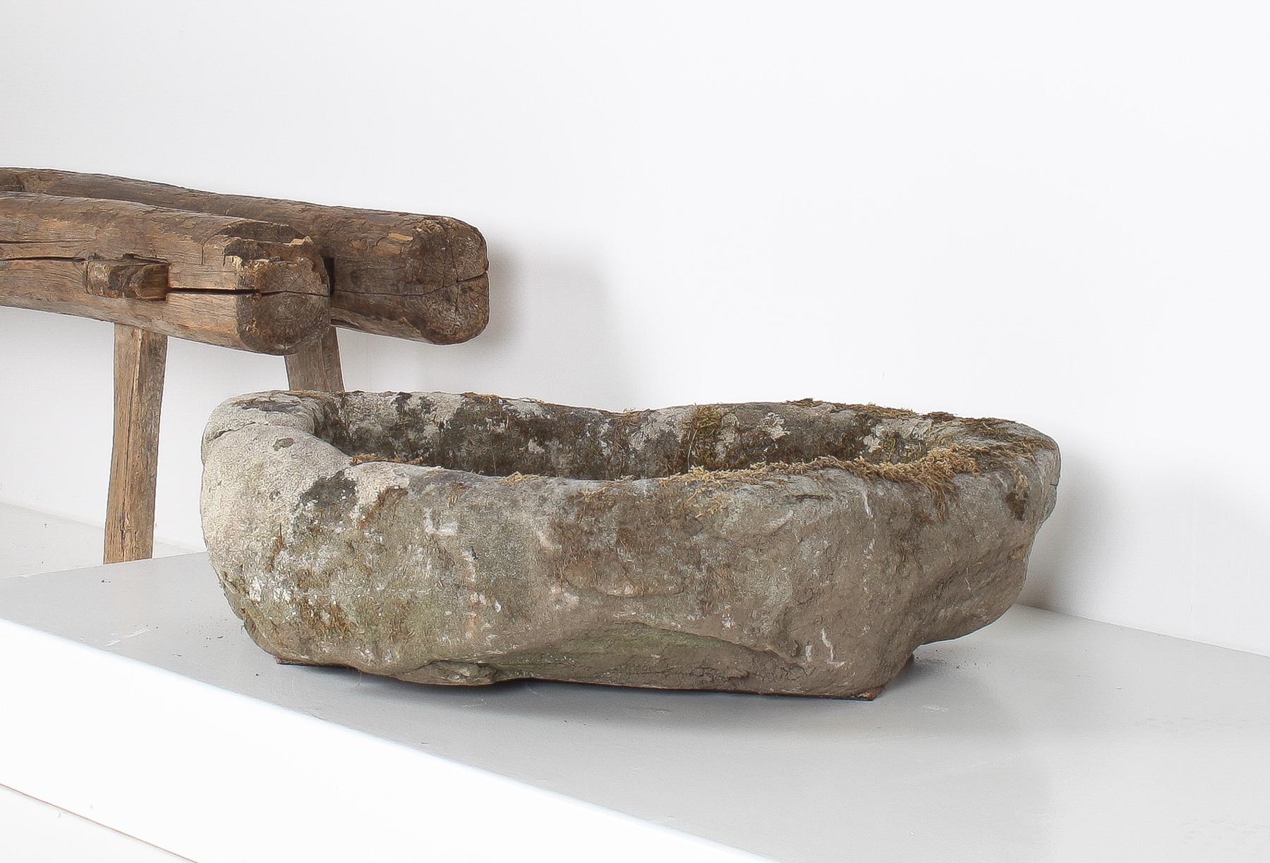 Primitive Carved Stone Trough Planter, Weathered Garden Feature, Bonsai Pot 12