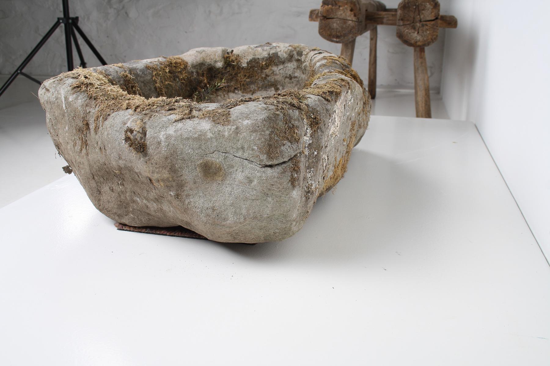 Primitive Carved Stone Trough Planter, Weathered Garden Feature, Bonsai Pot 1