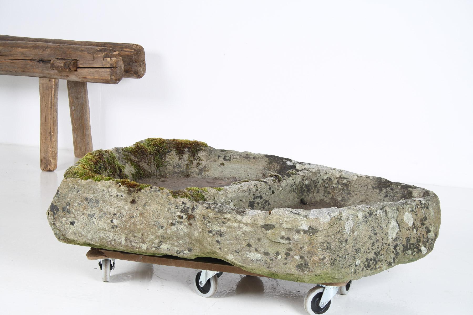 Primitive Carved Stone Trough Planter Weathered Organic Garden Feature  Bonsai For Sale 7