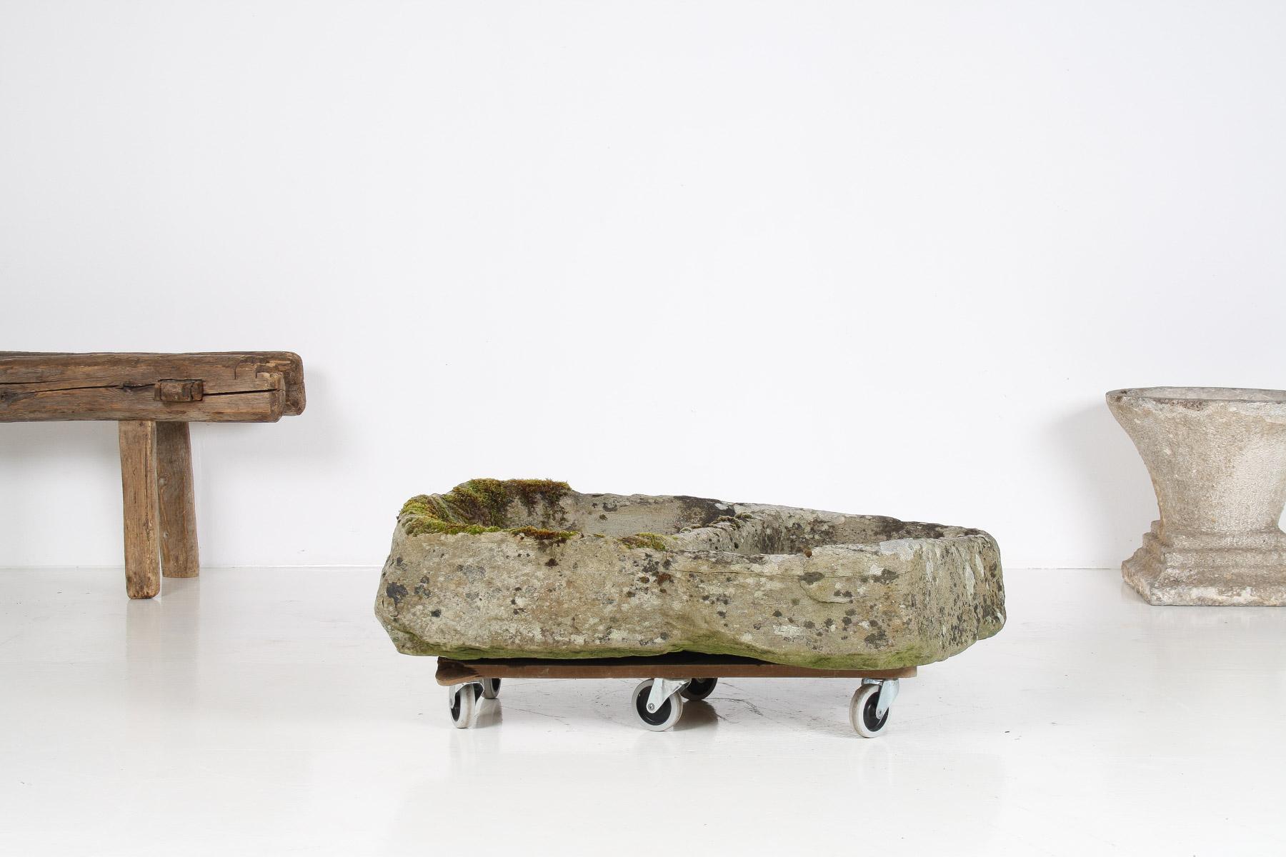 Hand-Carved Primitive Carved Stone Trough Planter Weathered Organic Garden Feature  Bonsai For Sale