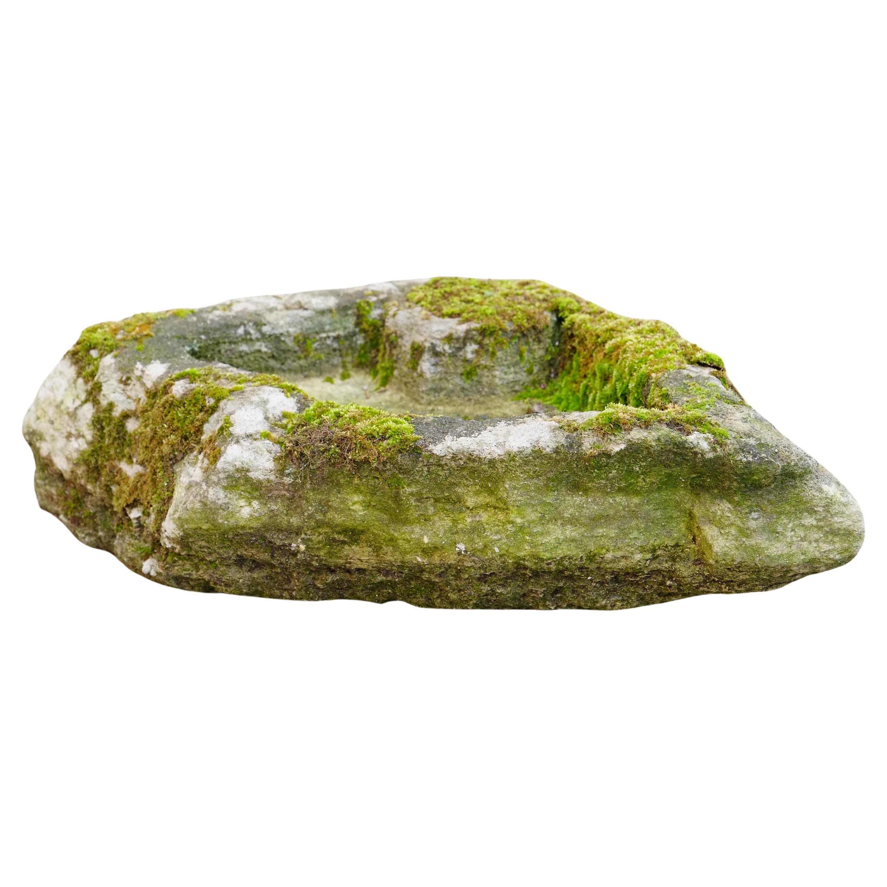 Fourchette de pierre sculptée primitive, jardinière vieillie, pot de bonsaïs