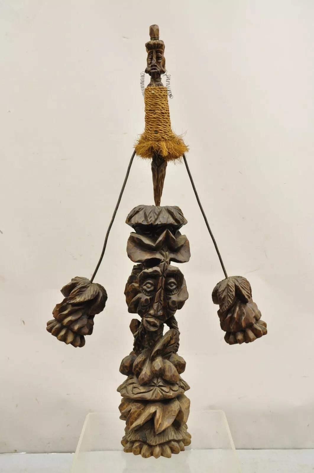 Primitives geschnitztes, figurales Tiki-Totem aus Holz, kinetische, balancierende Kunst-Skulptur aus Holz im Angebot 5