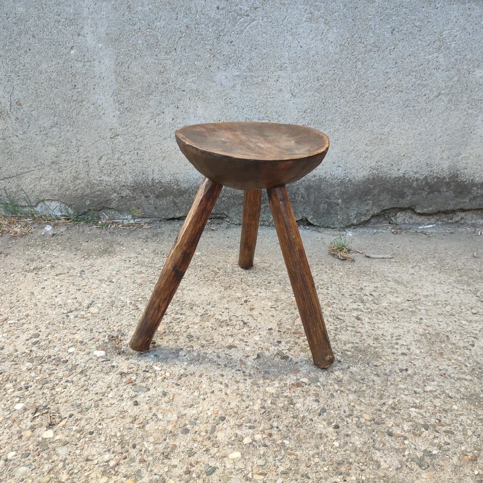Folk Art Primitive Carved Wood Milking Stool, Tripod Chair, Early 20th Century