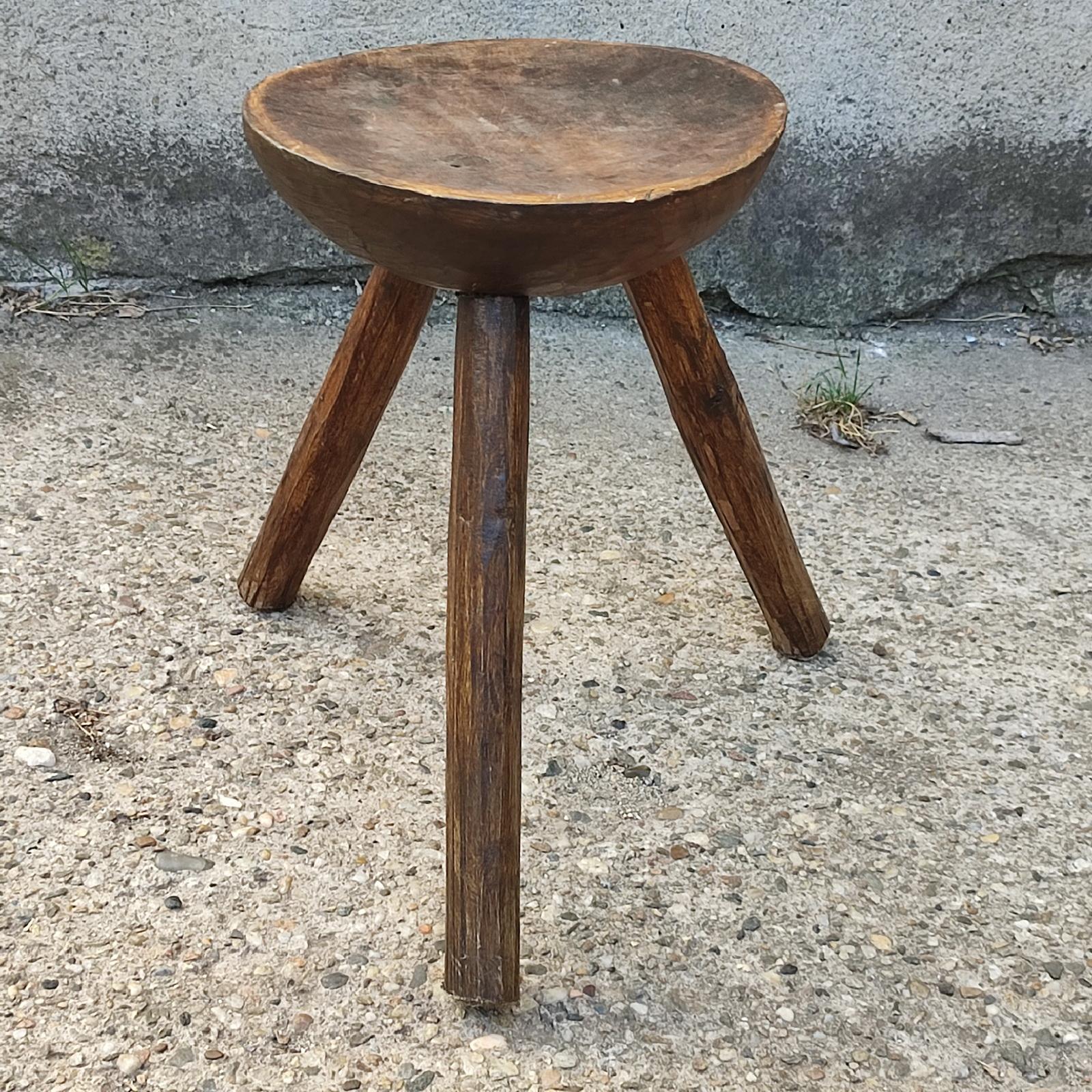 European Primitive Carved Wood Milking Stool, Tripod Chair, Early 20th Century