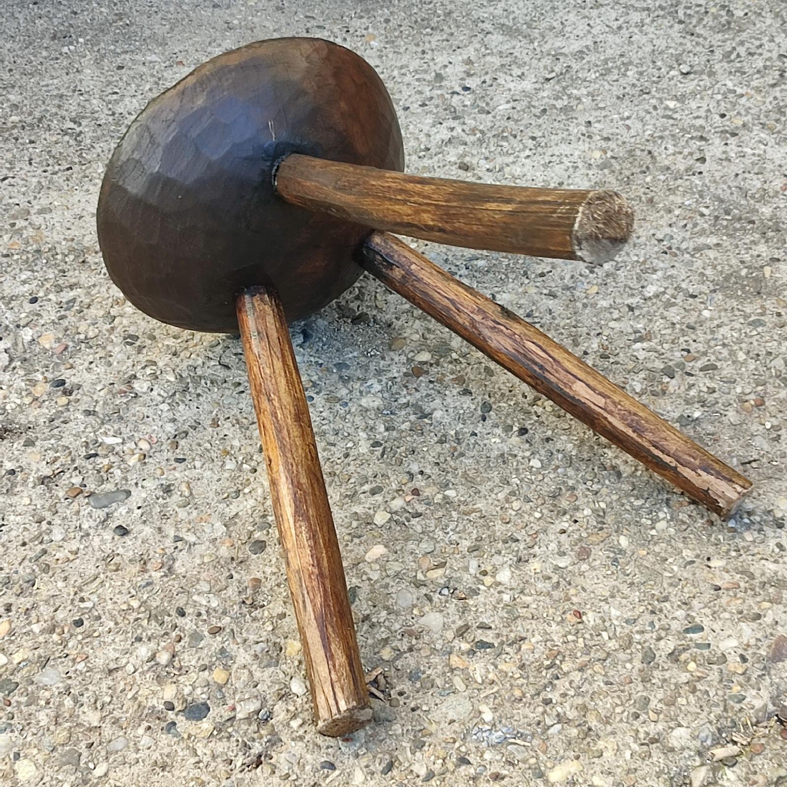 Primitive Carved Wood Milking Stool, Tripod Chair, Early 20th Century 1