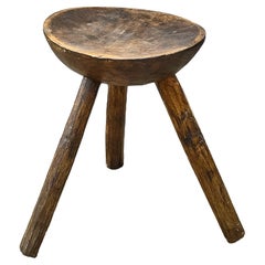 Primitive Carved Wood Milking Stool, Tripod Chair, Early 20th Century