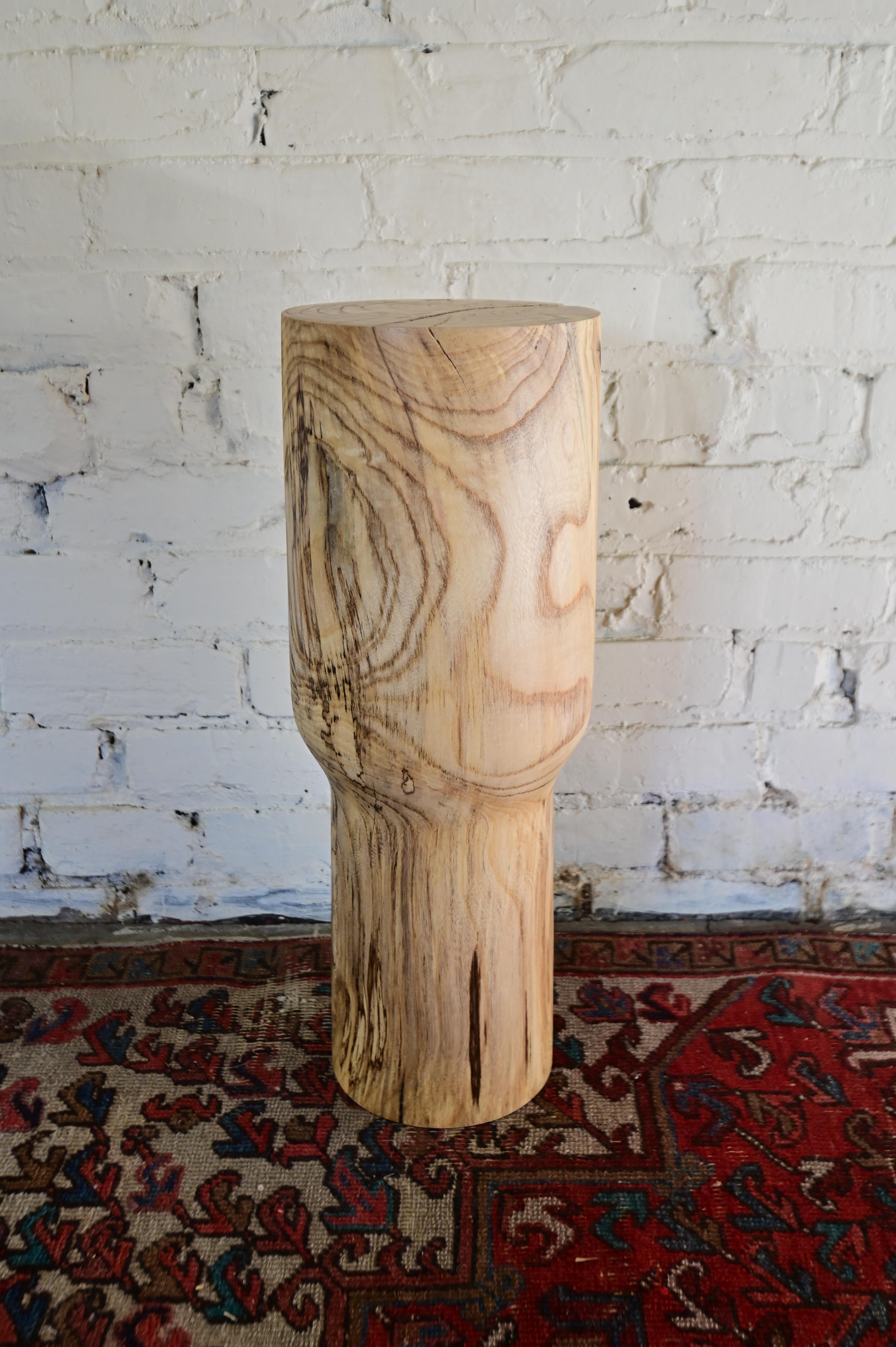 Original design, hand carved wooden end table by the artist. Made from solid hackberry which tends to have incredible figuring, and high contrast spalting (black lines) against the white wood. Piece measures 22.5