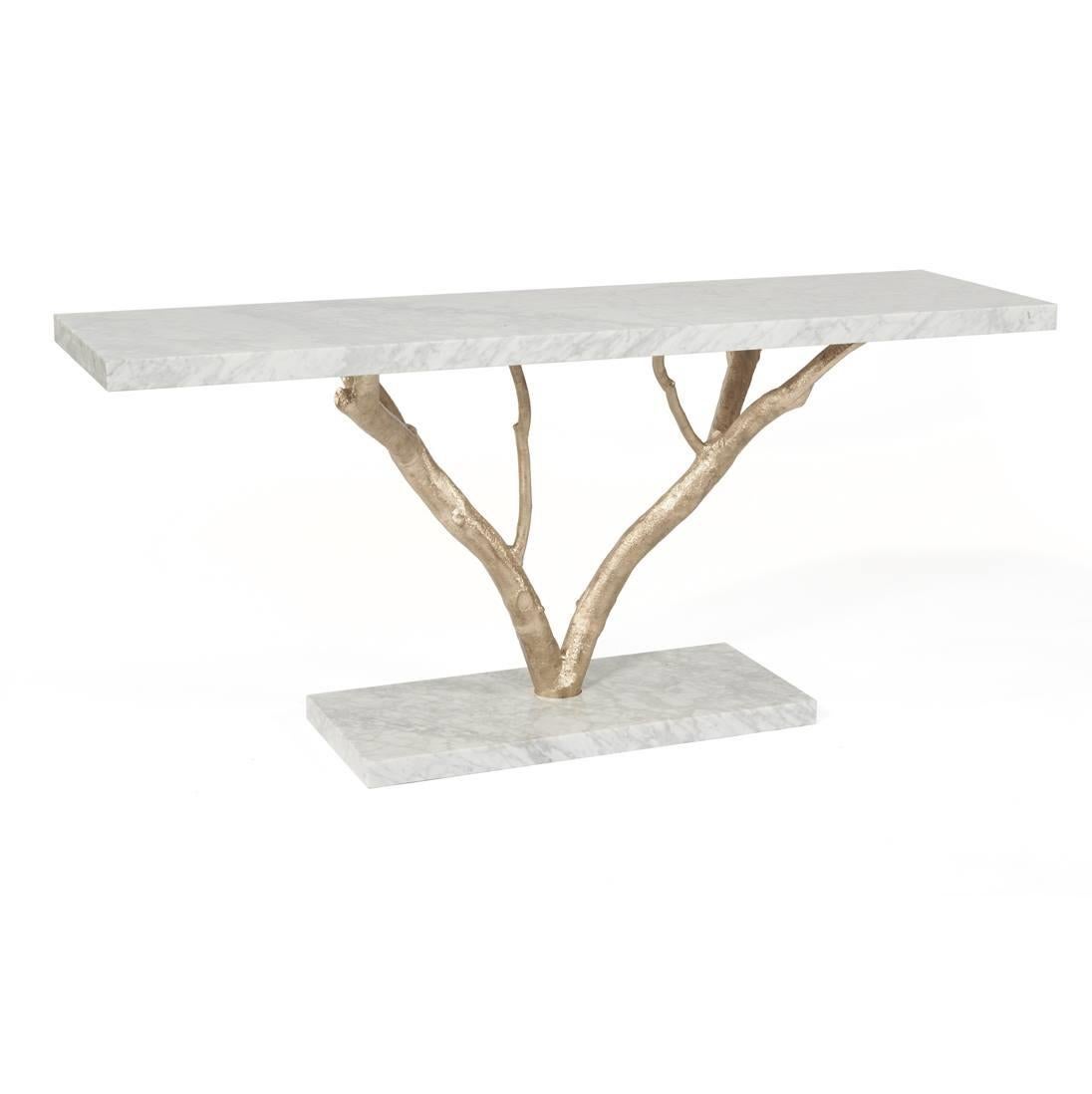 Primitive Cast Brass Console Featuring Romano Travertine Top & Base (Moderne) im Angebot