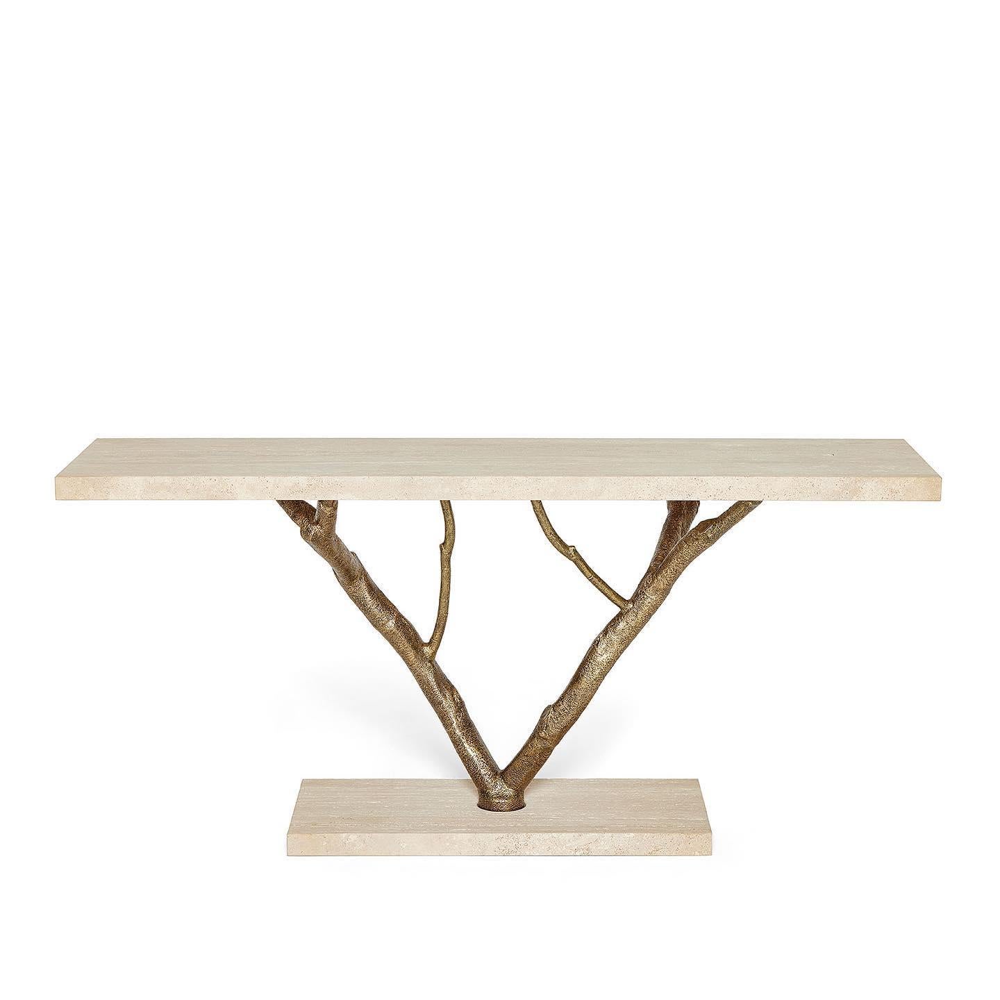 Primitive Cast Brass Console Featuring Romano Travertine Top & Base (21. Jahrhundert und zeitgenössisch) im Angebot