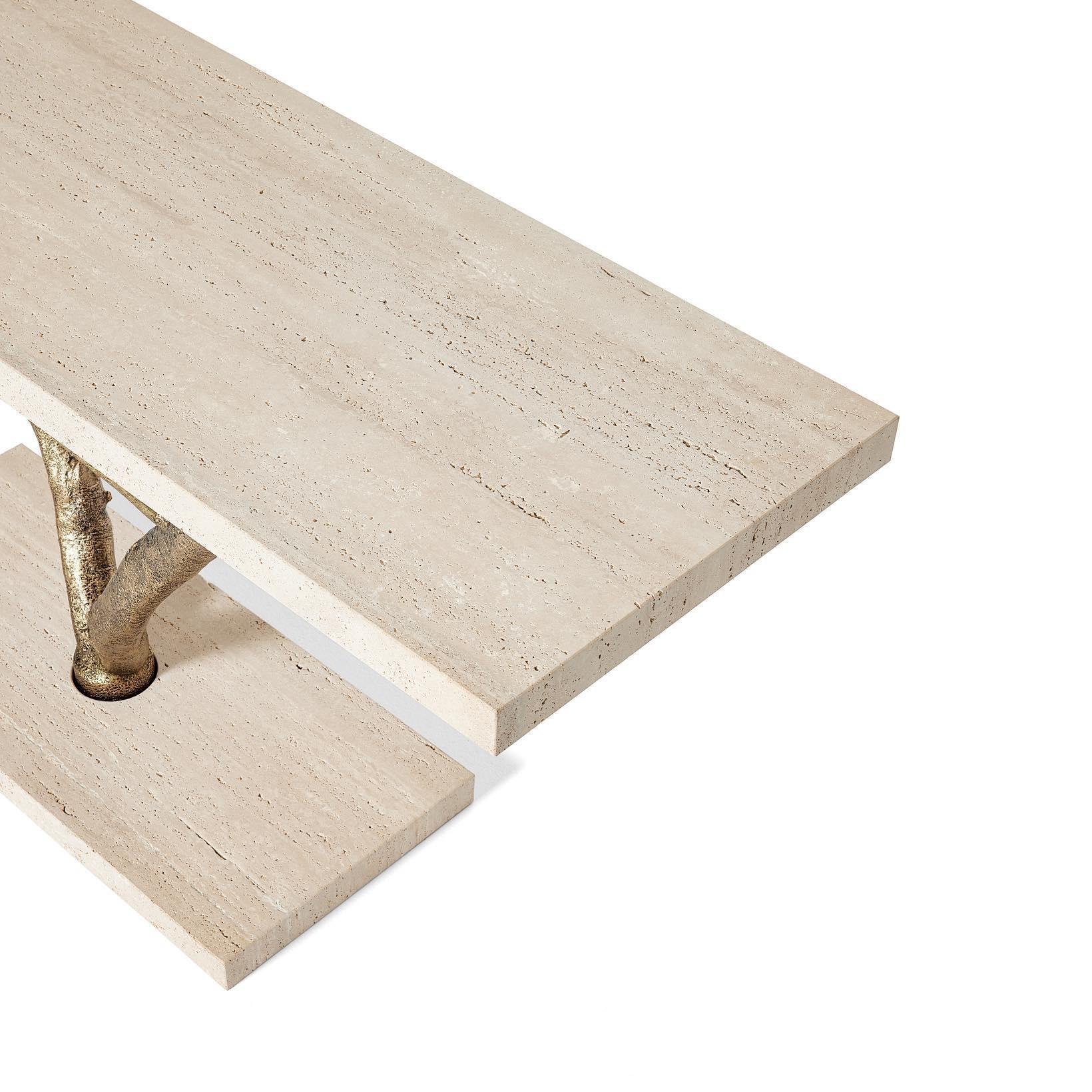 Primitive Cast Brass Console Featuring Romano Travertine Top & Base (Messing) im Angebot