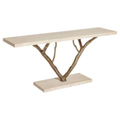 Primitive Cast Brass Console Featuring Romano Travertine Top & Base