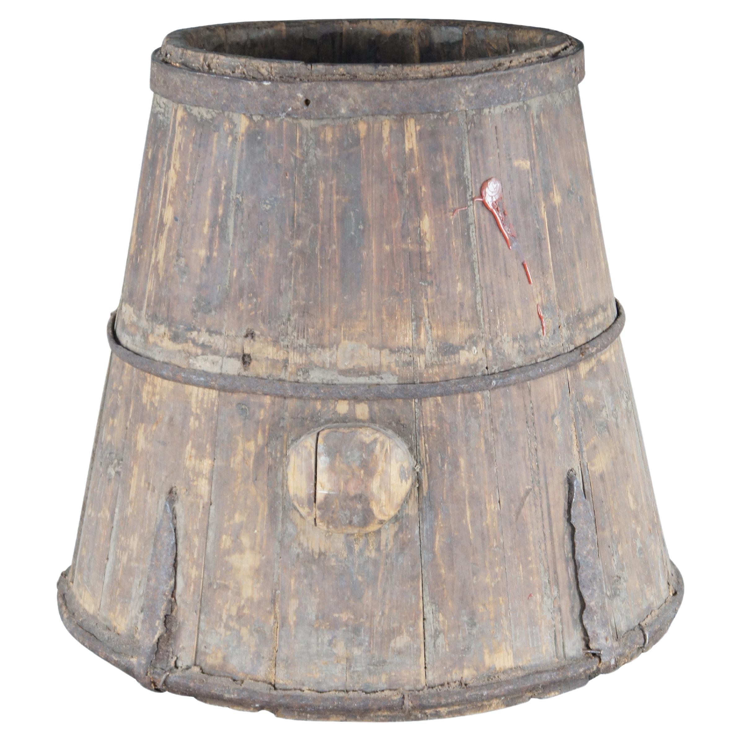 Primitive Chinese Shanxi Banded Iron Barrel Willow Rice Measure Grain Bucket 16" For Sale