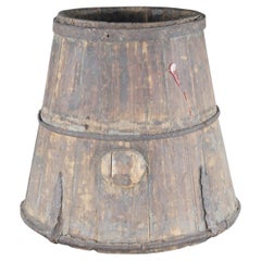Retro Primitive Chinese Shanxi Banded Iron Barrel Willow Rice Measure Grain Bucket 16"
