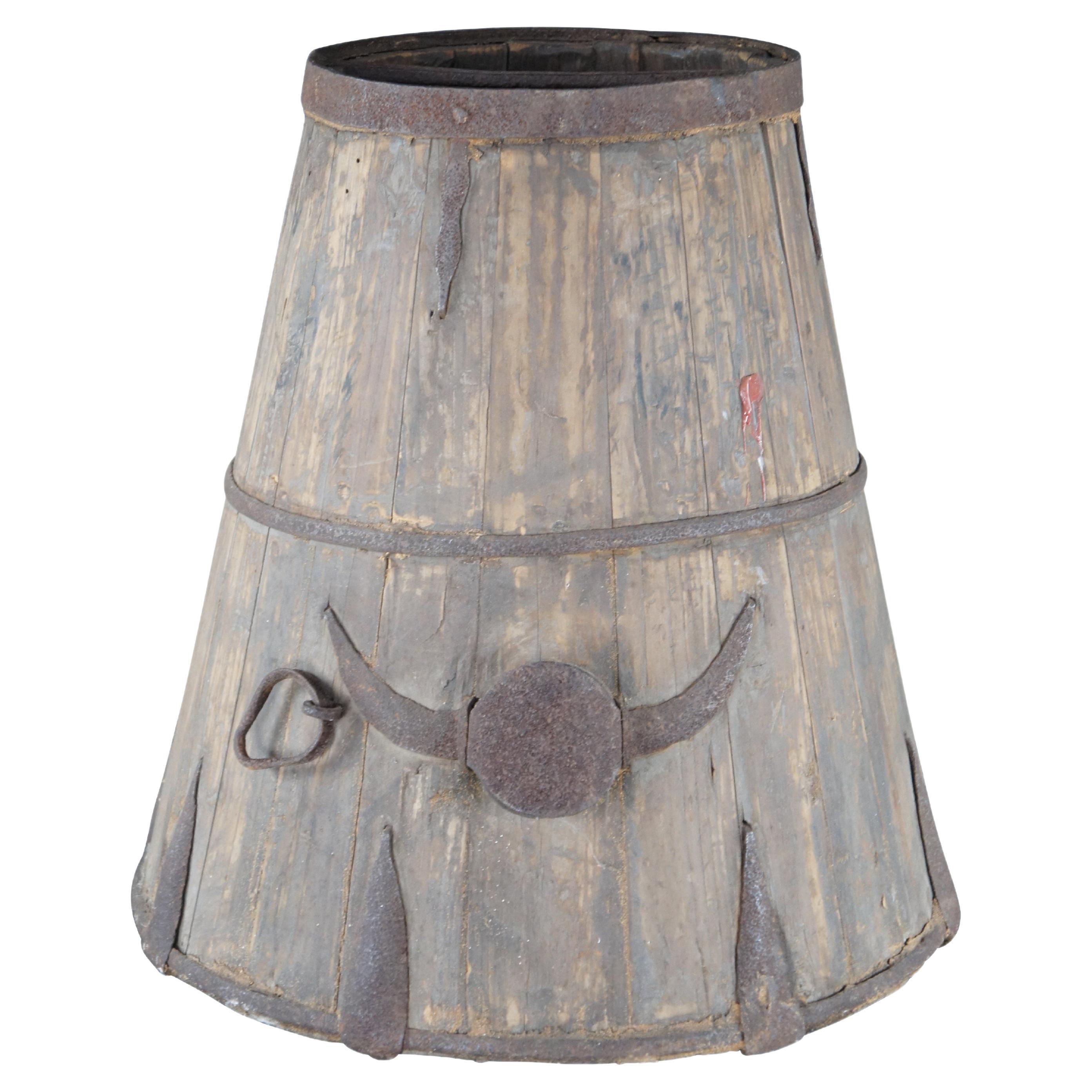 Primitive Chinese Shanxi Banded Iron Barrel Willow Rice Measure Grain Bucket 18" For Sale