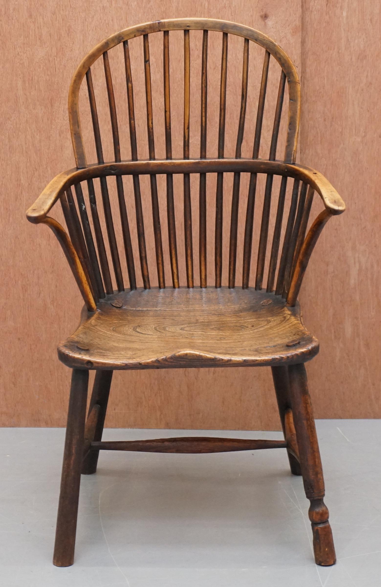 We are delighted to offer for sale this stunning circa 1800 elm hoop back west country Windsor armchair with traces of original paint

A highly coveted, well made and decorative armchair, in the traditional elm, this is an early hoop back version,