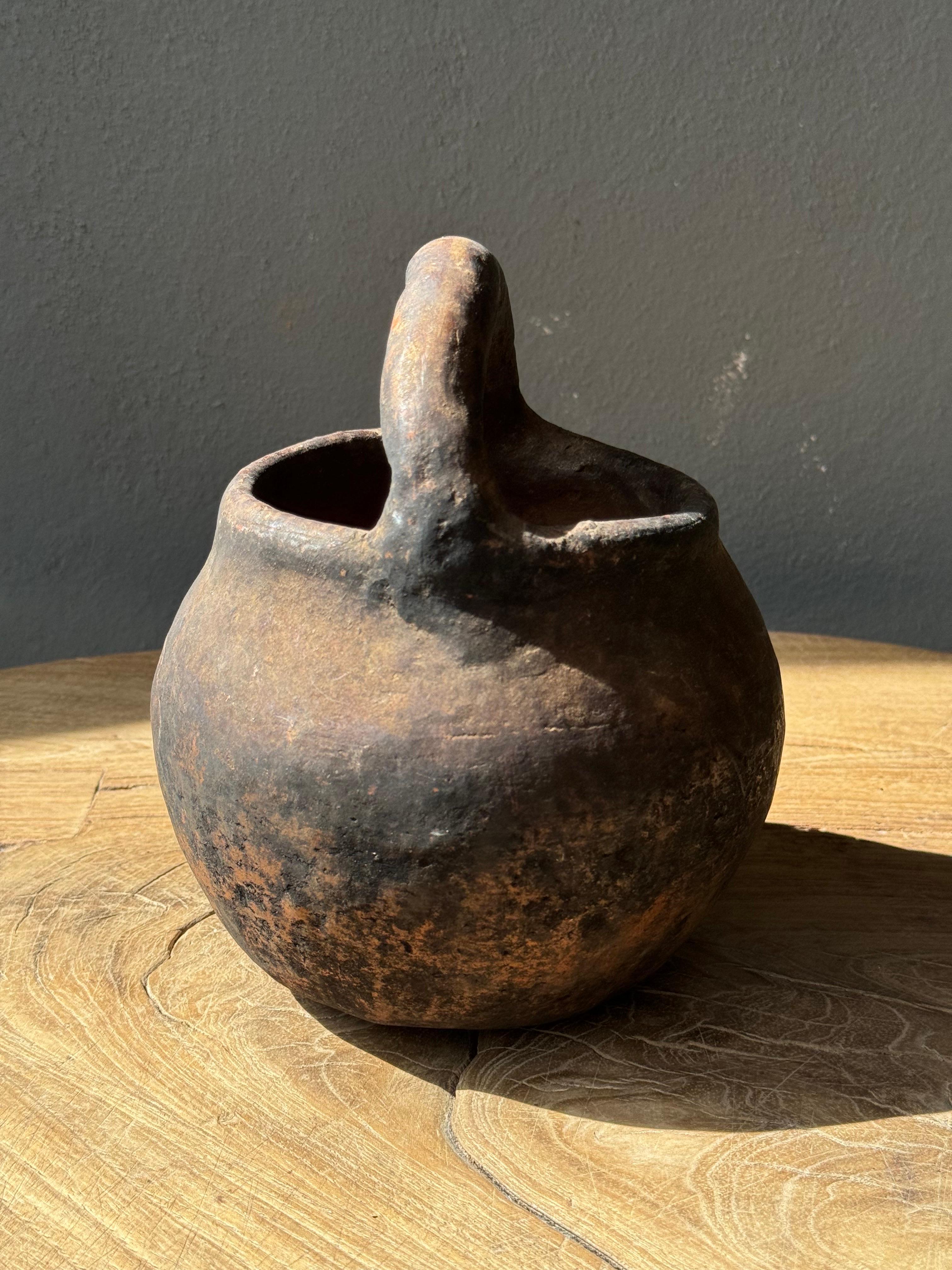 Mexican Primitive Clay Seed Bowl With Handle, Mixteca of Oaxaca, Circa 1950´s