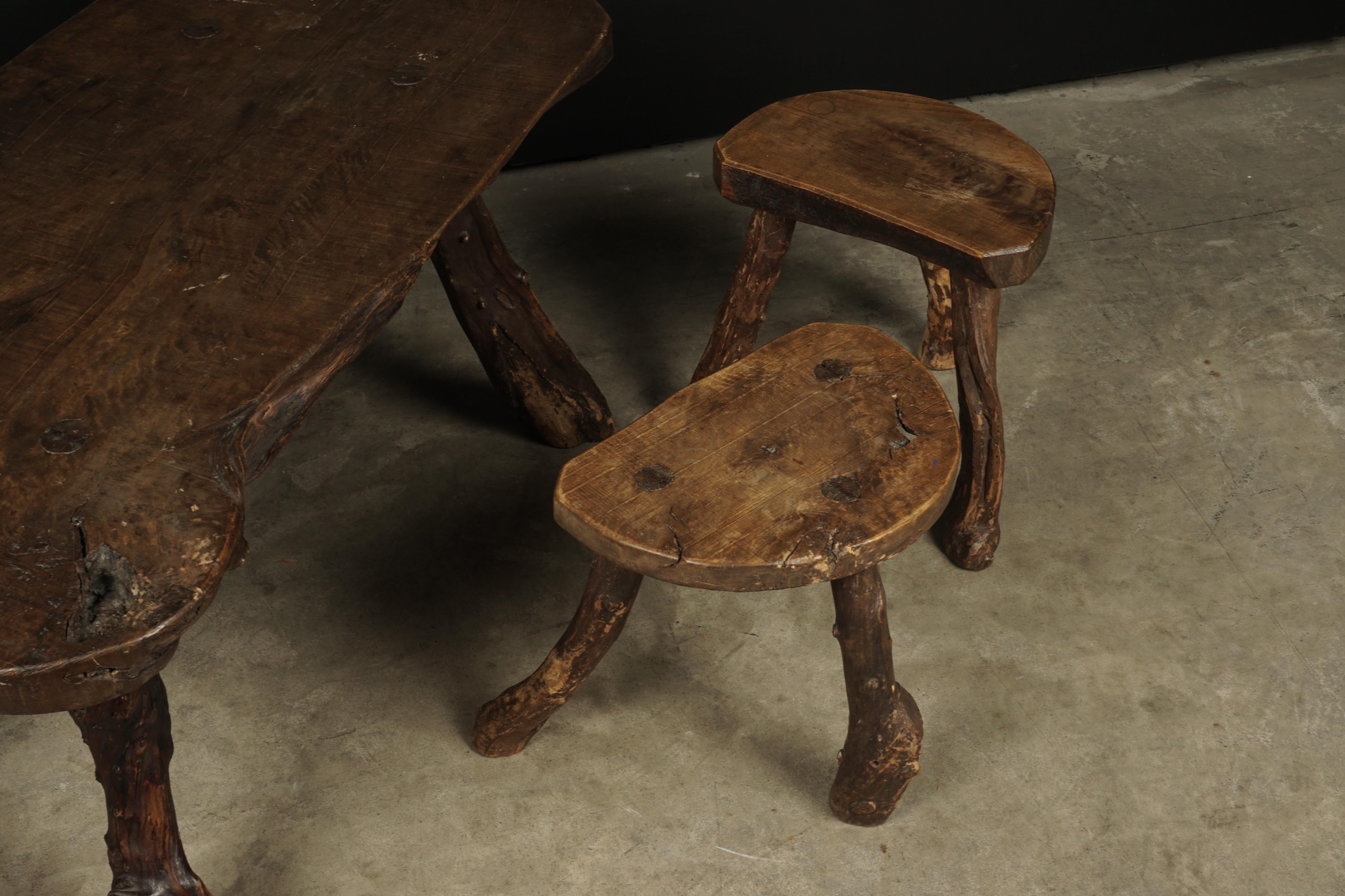 Mid-20th Century Primitive Coffee Table Set with Stools from France, 1960s