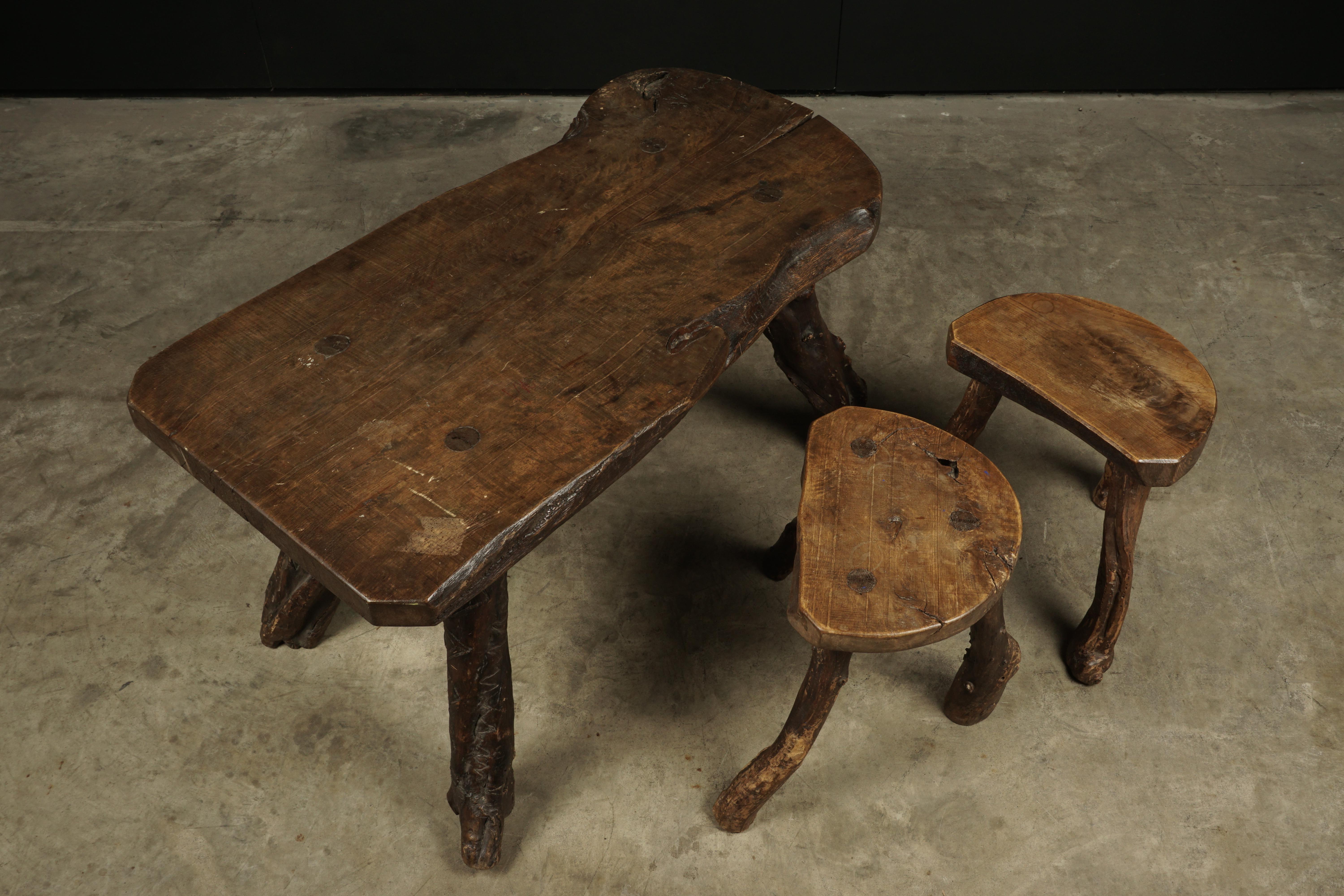 Wood Primitive Coffee Table Set with Stools from France, 1960s