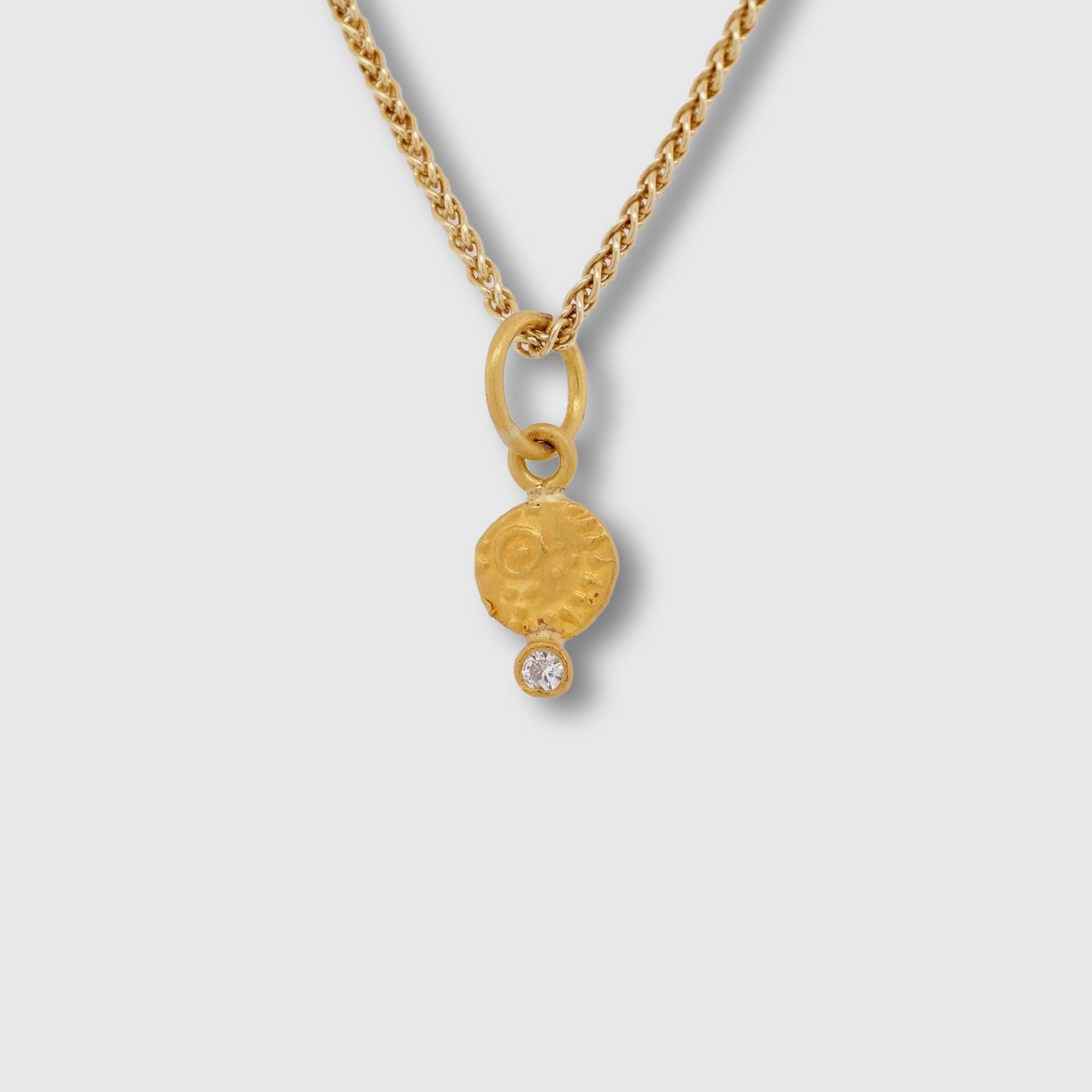 Primitive Coin Charm, Signifying Wealth and Prosperity 24K Gold & 0.02ct DIamond In New Condition For Sale In Bozeman, MT