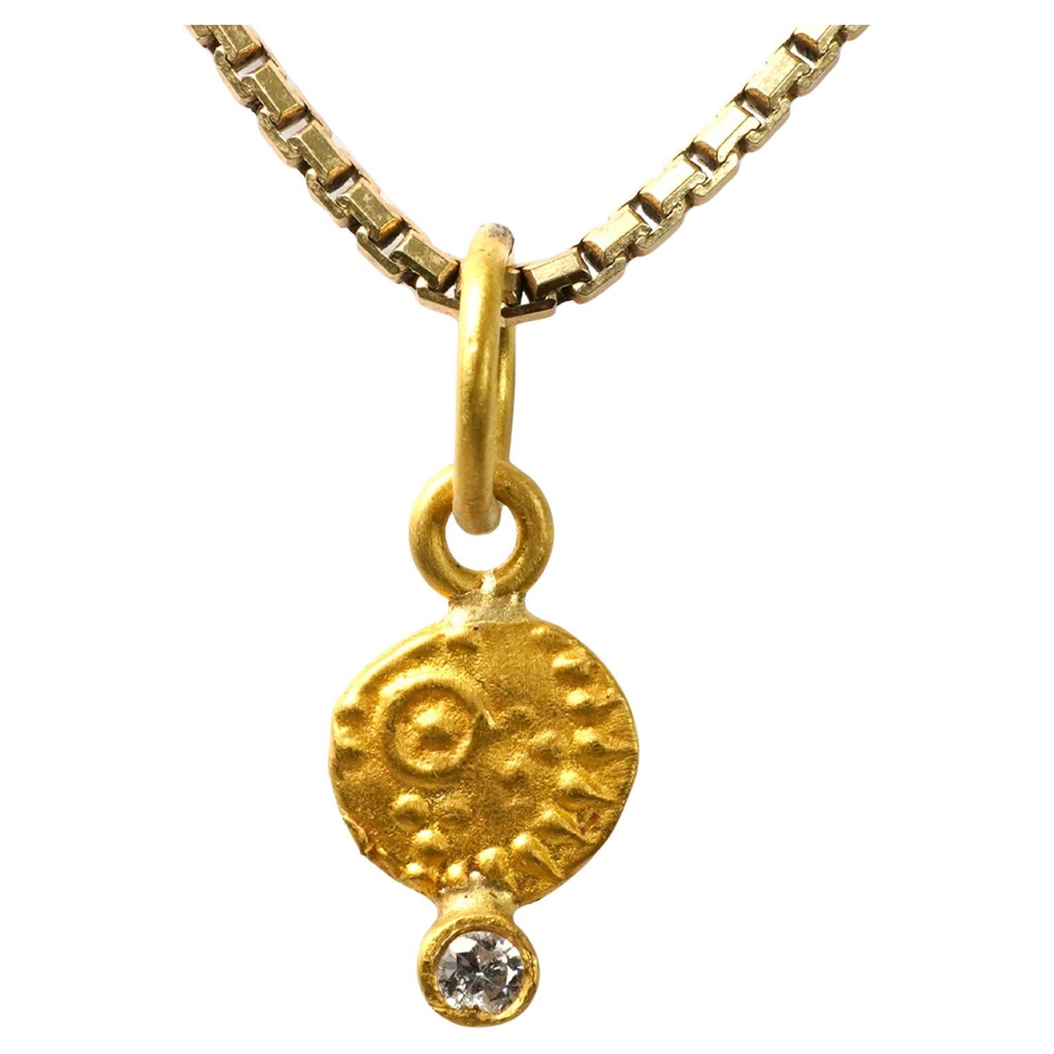 Primitive Coin Charm, Signifying Wealth and Prosperity 24K Gold & 0.02ct DIamond For Sale