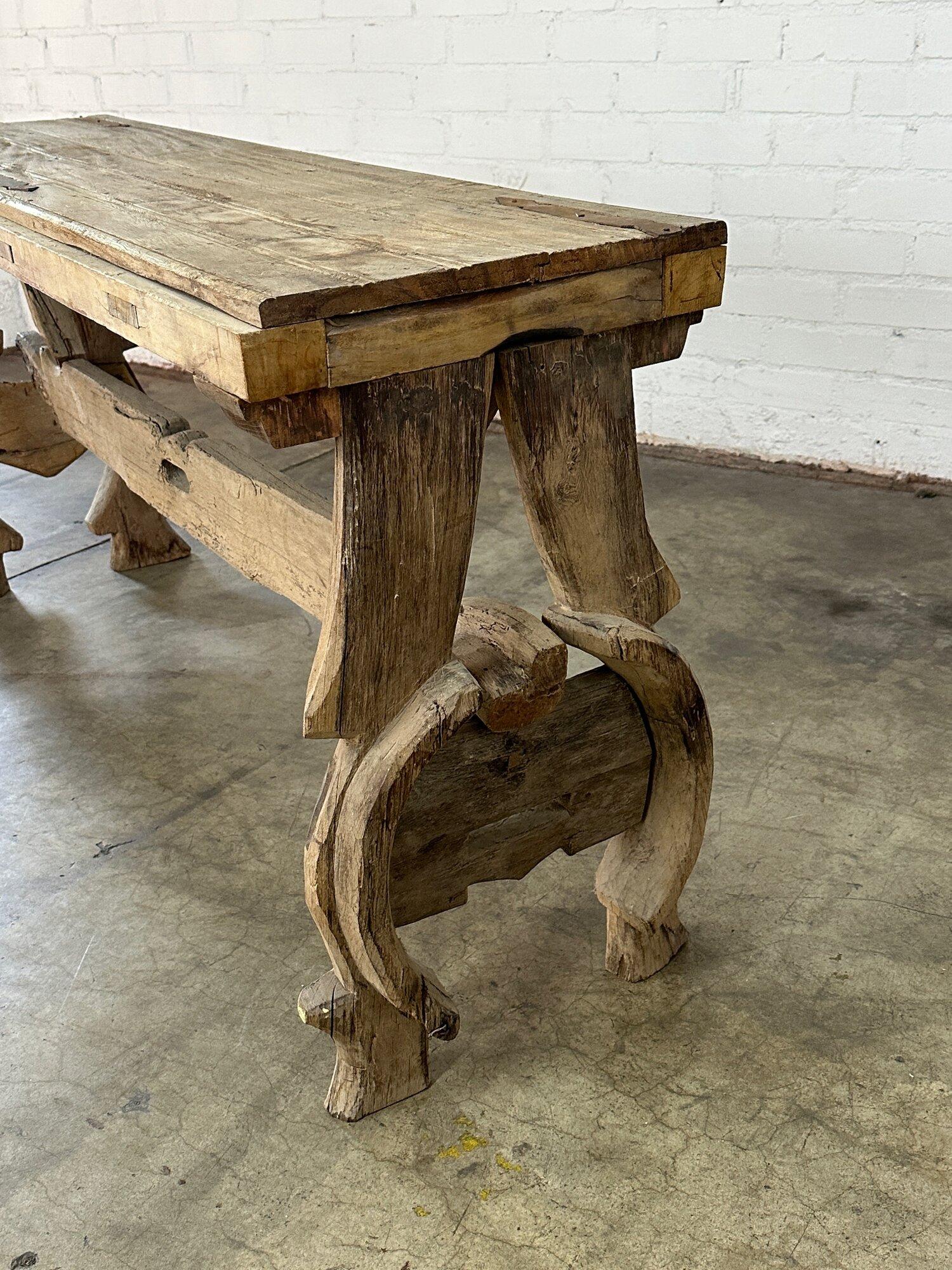 W66 D17.75 H32

Primitive console table in structurally sound condition. Wood is in as found condition and shows normal patina and wear.