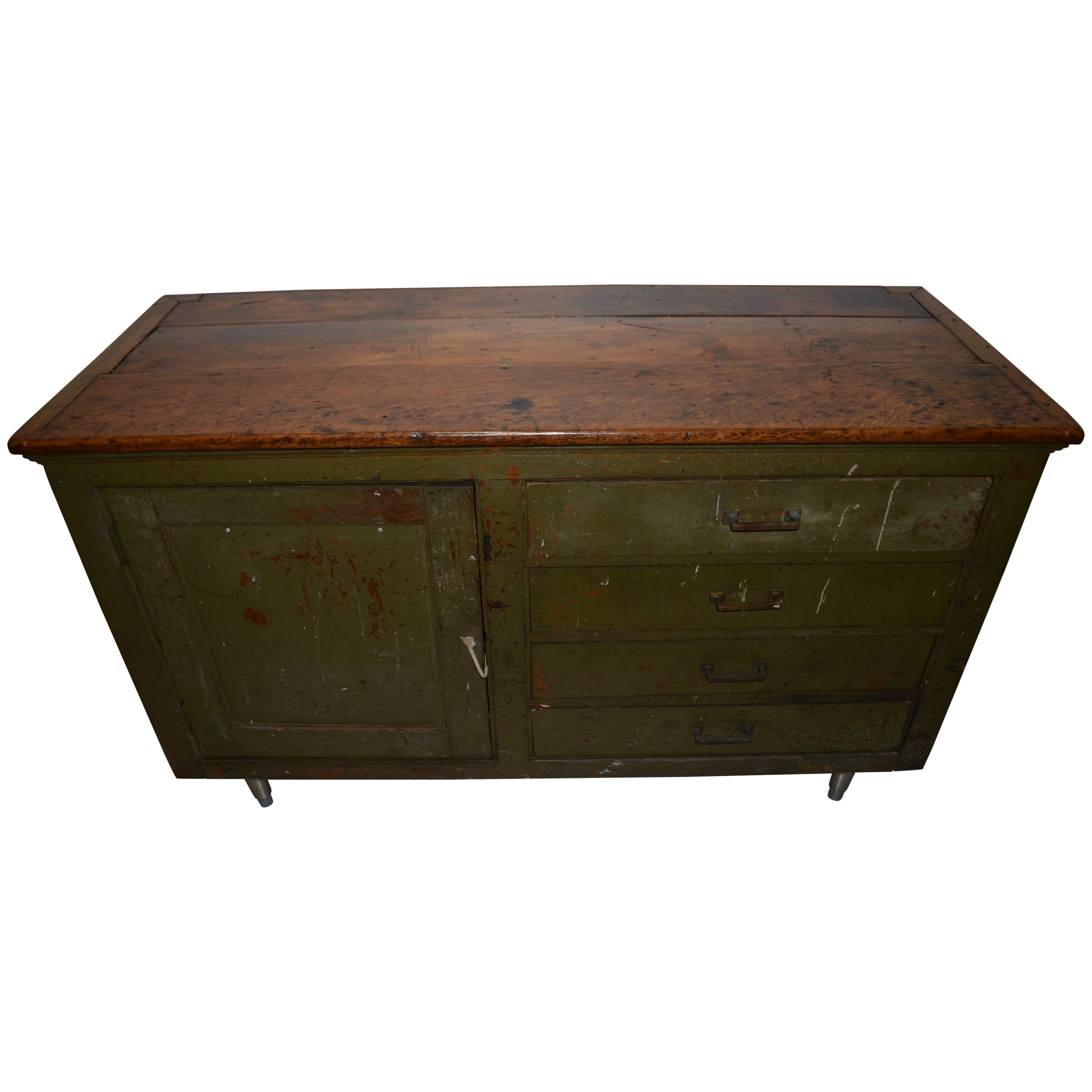 Primitive Counter, Pine Cupboard, Kitchen Island with Four Drawers and Storage For Sale