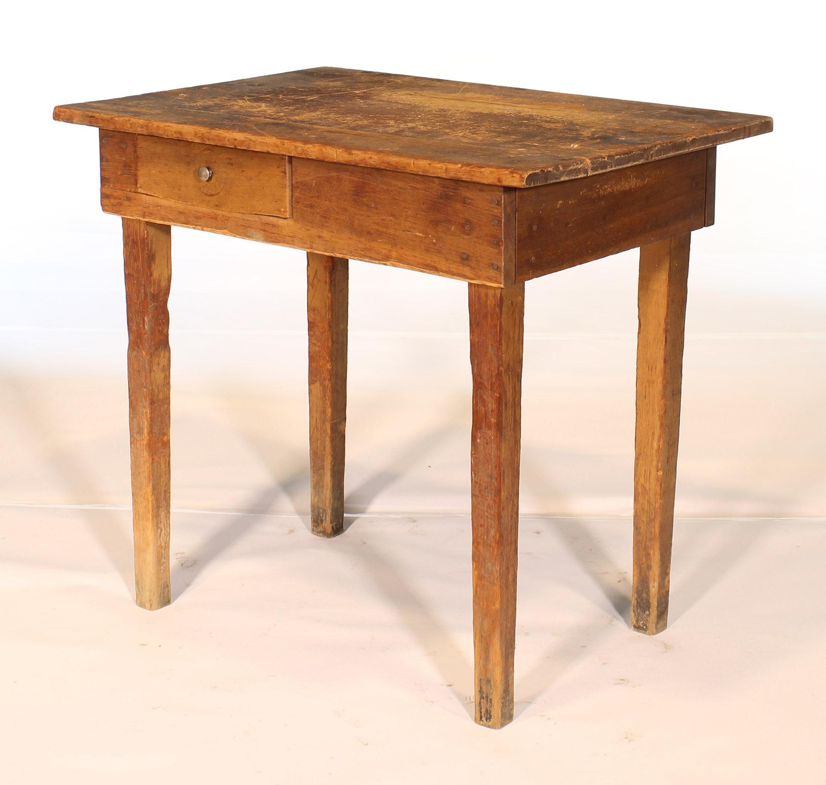 Antique Primitive country / farm style wooden desk / school table with a single drawer. Incredible natural wear to the desk all around, especially the top and legs. Measures: 31 1/4