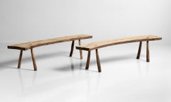 Primitive Curved Oak Benches, France, circa 1890