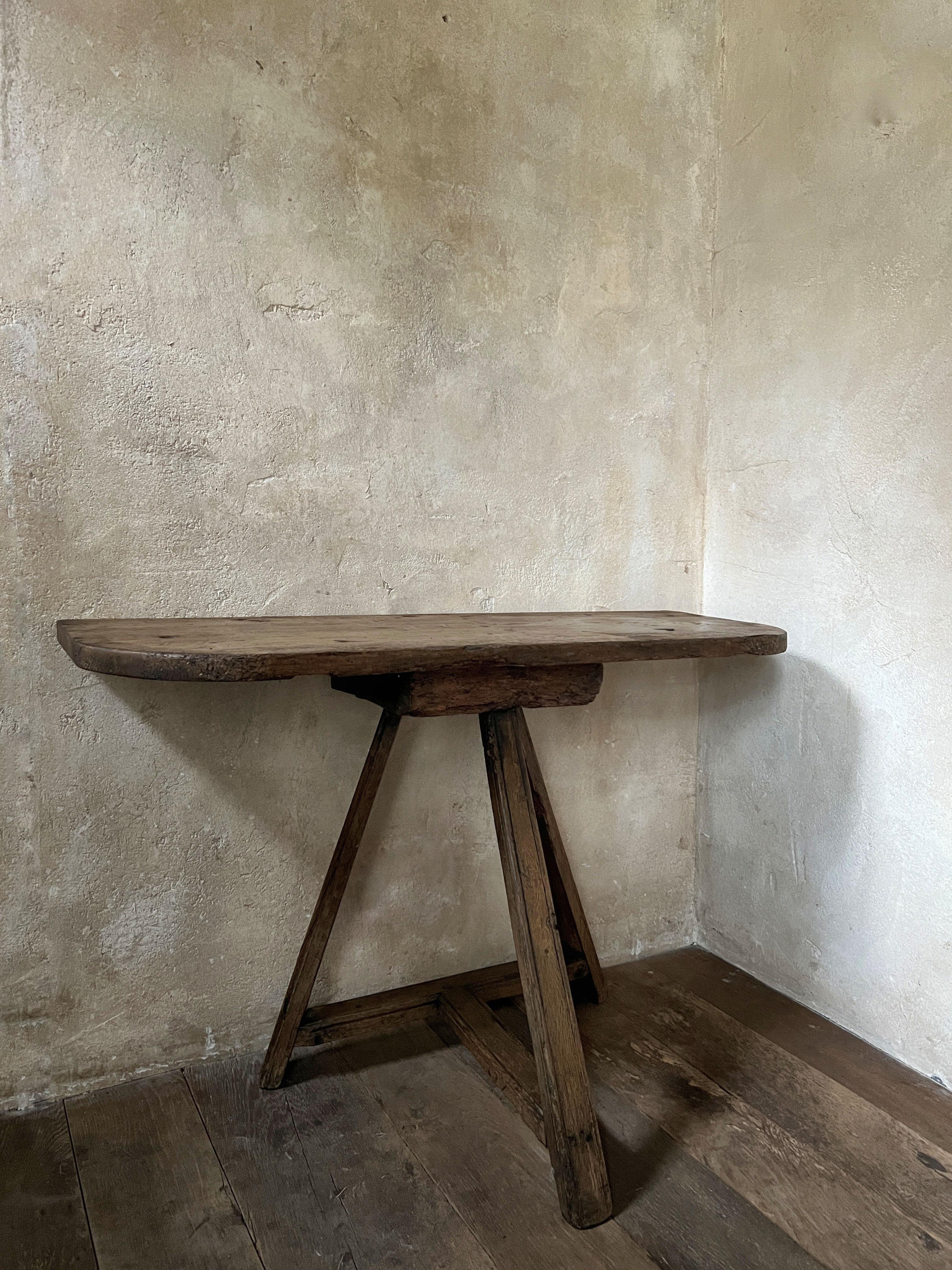 Oak Primitive demi lune side console table
