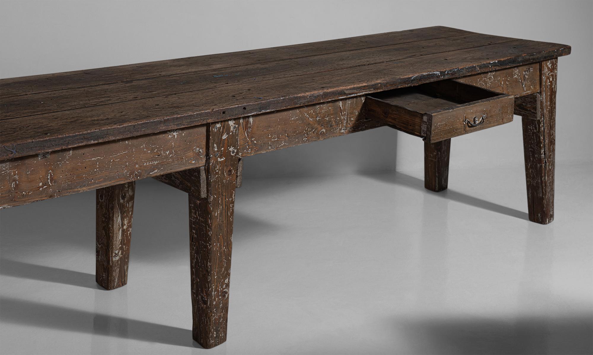 Rustic dining table

Italy, 19th century

Scrubbed three plank top on six leg base.