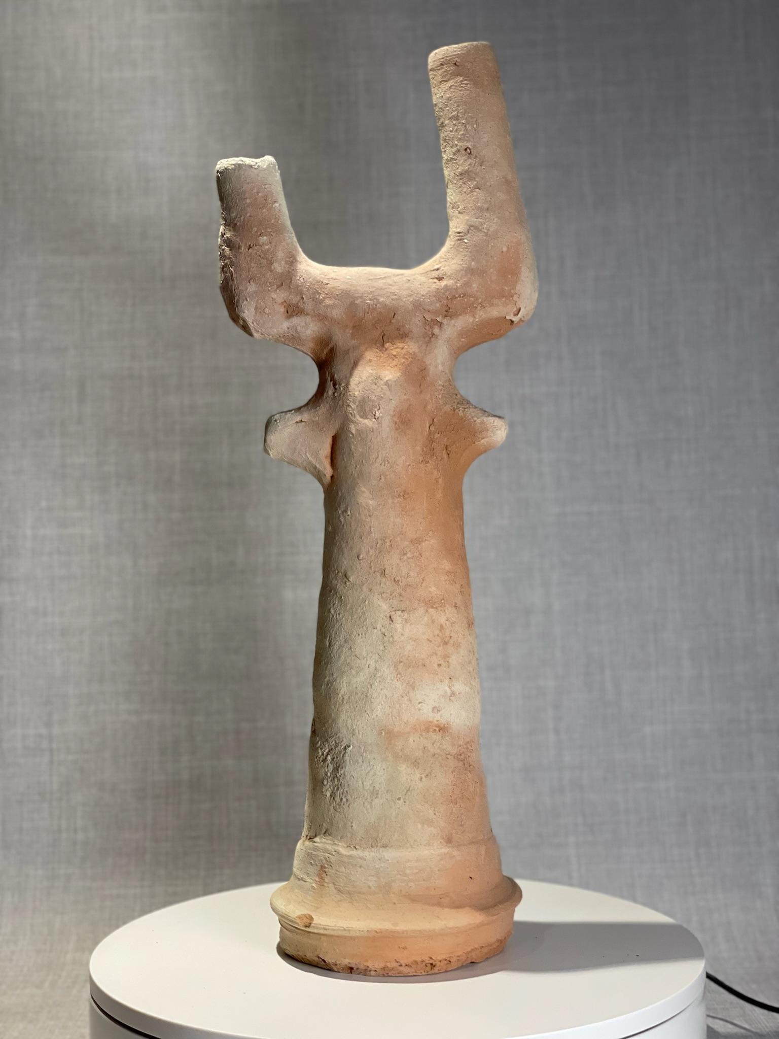 Questo sorprendente vaso in terracotta presenta una notevole miscela di fascino rustico e arte scultorea, che lo rende un pezzo distintivo per i collezionisti e gli ammiratori di ceramiche primitive. Partendo da una base circolare, la forma si