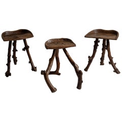Primitive Dugout Wooden Stools, France, 19th Century