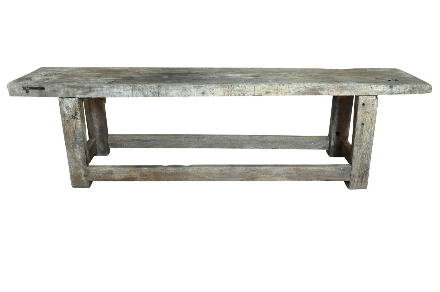 A wonderful early 19th century Etabli - Work Bench from the Catalan region of Spain. Soundly constructed from very thick planks of beech . Perfect as a console table for any casual interior, for a porch or as a potting table.