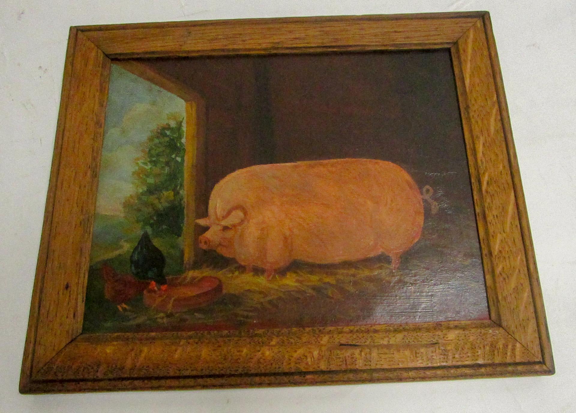 This charming barnyard scene Primitive small size, 950 inches x 7.50 inches, oil on board features a hefty pink pig with two chickens. Signed D'Fields in lower right corner. In original oak frame. A black pig companion painting by the same artist is