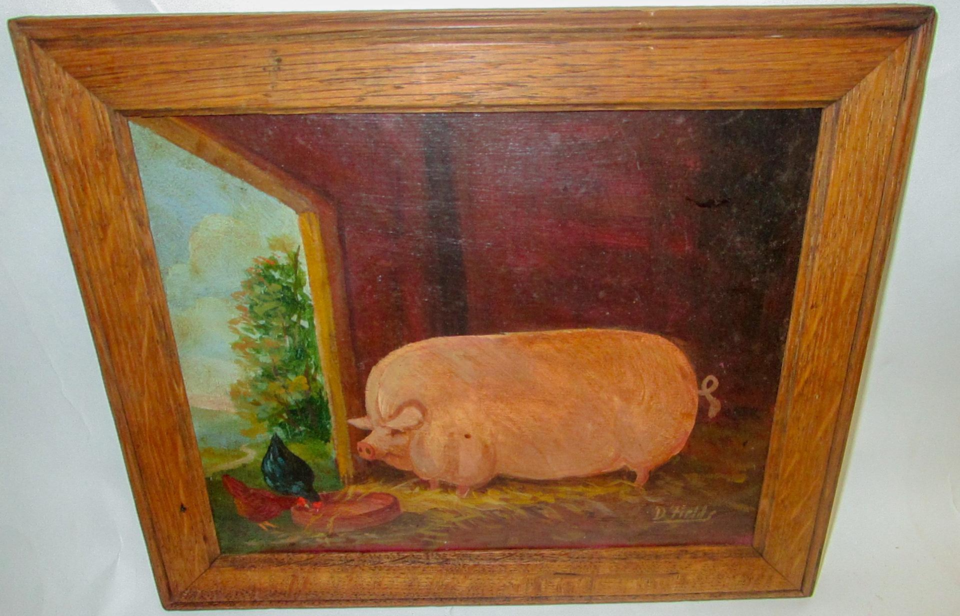 Painted Primitive English Original Oil Barnyard Scene Painting signed D'Fields