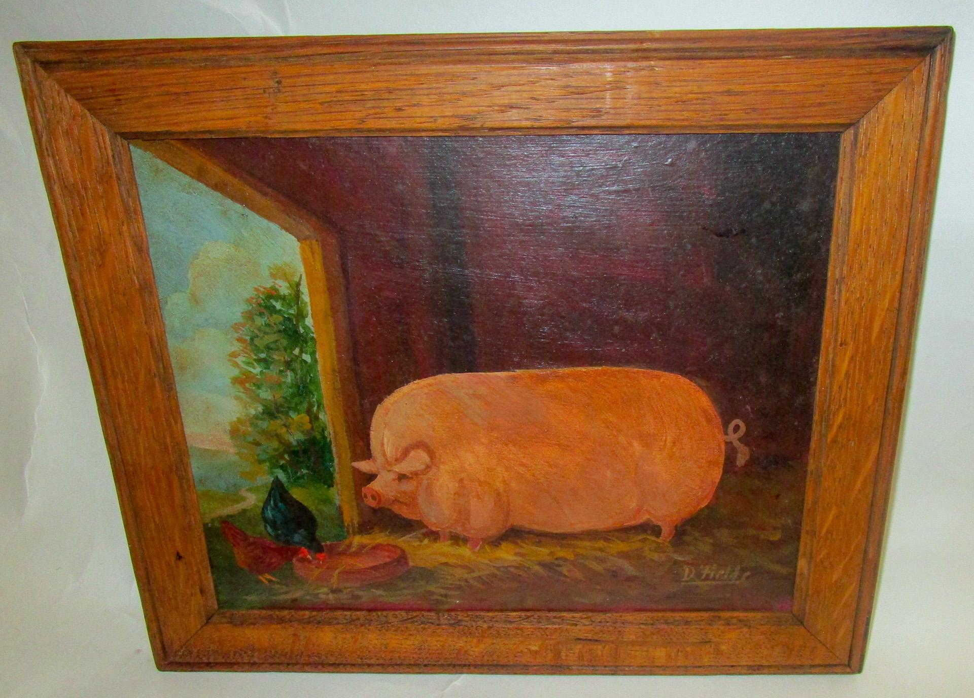 Primitive English Original Oil Barnyard Scene Painting signed D'Fields 1