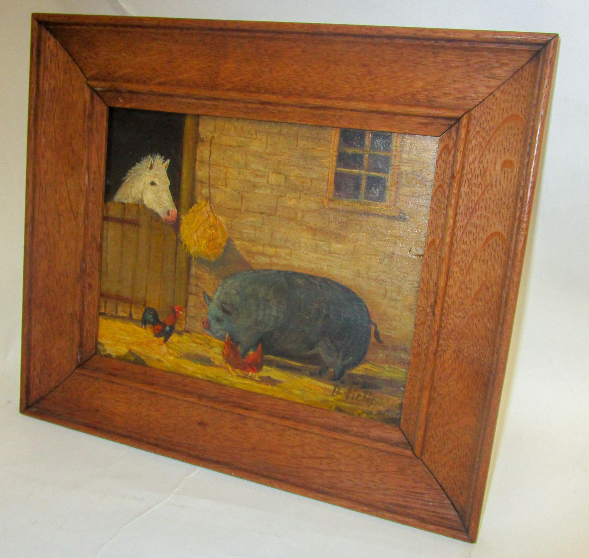 This charming Primitive small size, 7.50 inches x 5.75 inches, oil on board features a hefty black pig, a curious white horse, two chickens and a rooster. Signed D'Fields in lower right corner. In original oak frame with framers card, S.J. Wiseman,