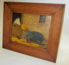 Primitive English Original Oil Painting Barnyard Scene signed D'Fields
