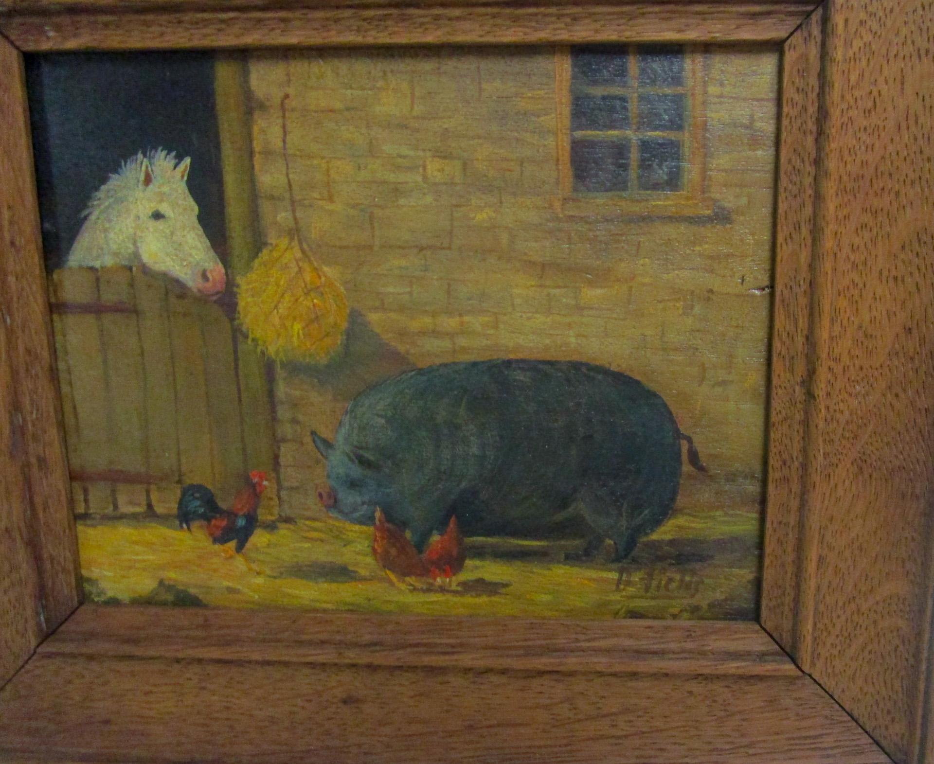 Painted Primitive English Original Oil Painting Barnyard Scene signed D'Fields