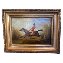 English Steeplechase Hunt Portrait Framed Oil on Canvas