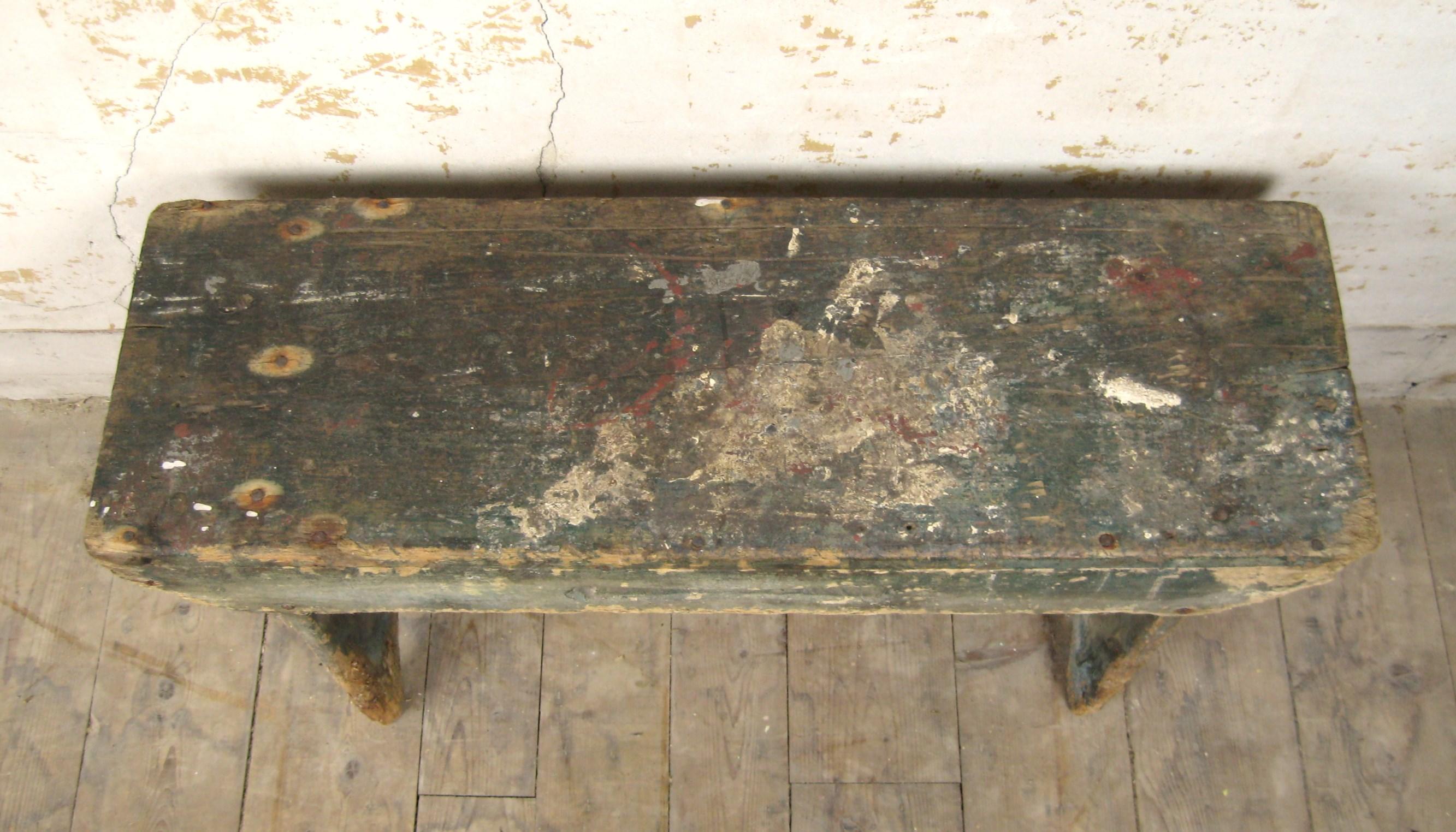 Hand-Crafted Primitive Farmhouse Bench with original paint 1930s  For Sale