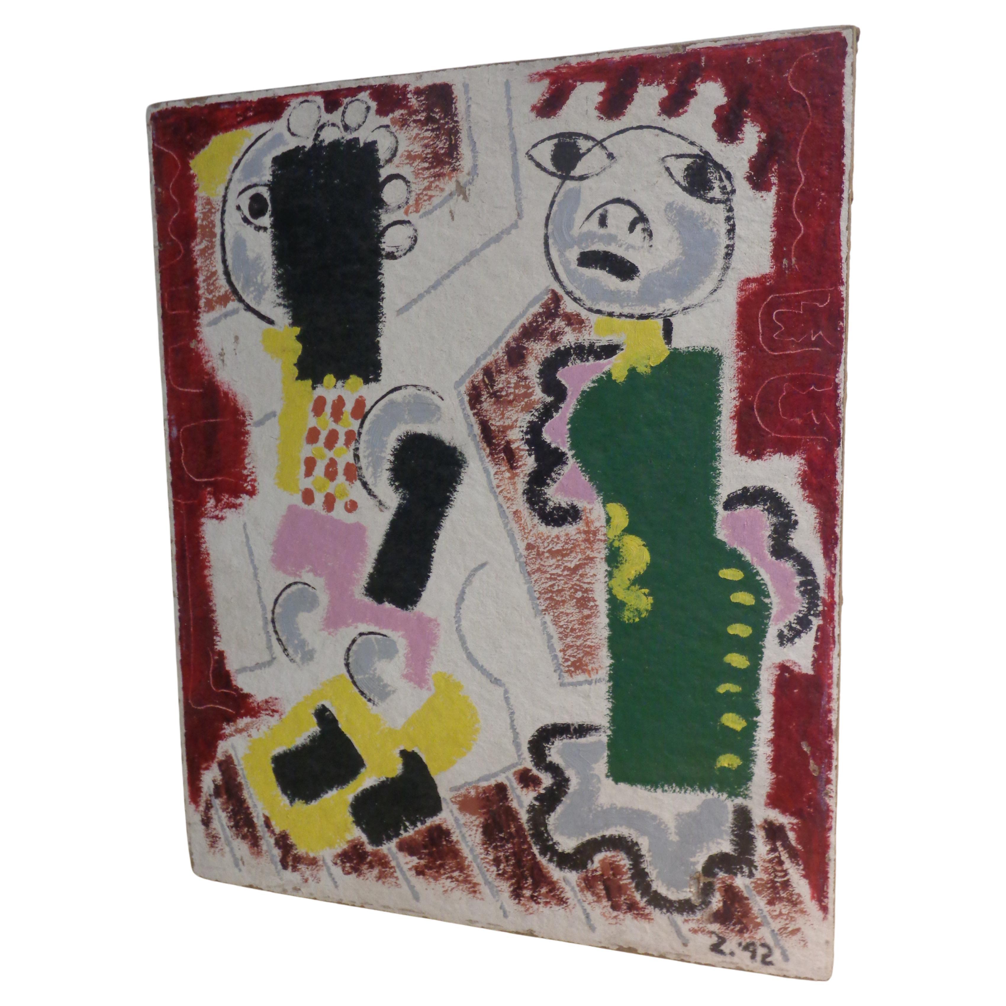 Primitivo dipinto astratto modernista ad olio su tavola di homosote di Zoute (nato Leon Salter 1903 - 1976 - North Rose NY) con due figure - firmato in basso a destra Z. '42. Questo quadro ricorda i dipinti del gruppo Cobra di Jean Dubuffet / Karel